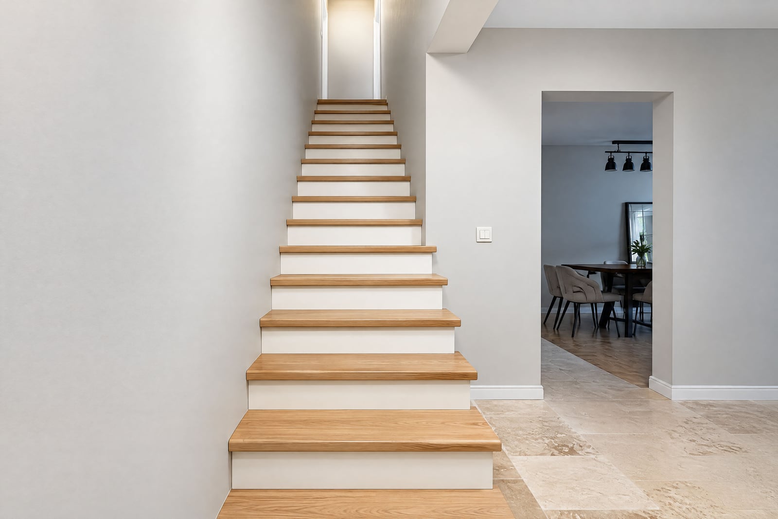 Modern staircase with wooden treads and white risers leading up from a tiled hallway near a dining area.