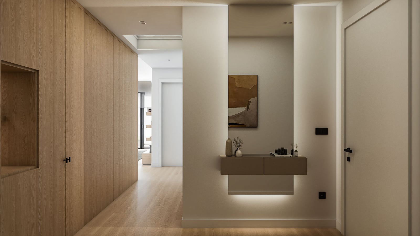 Modern hallway featuring wood grain wardrobe panels and a floating console table with decor and abstract art.