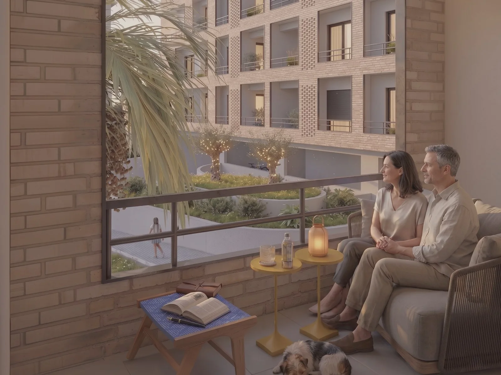 Couple sitting on a sofa on a balcony overlooking an inner courtyard and building facade.
