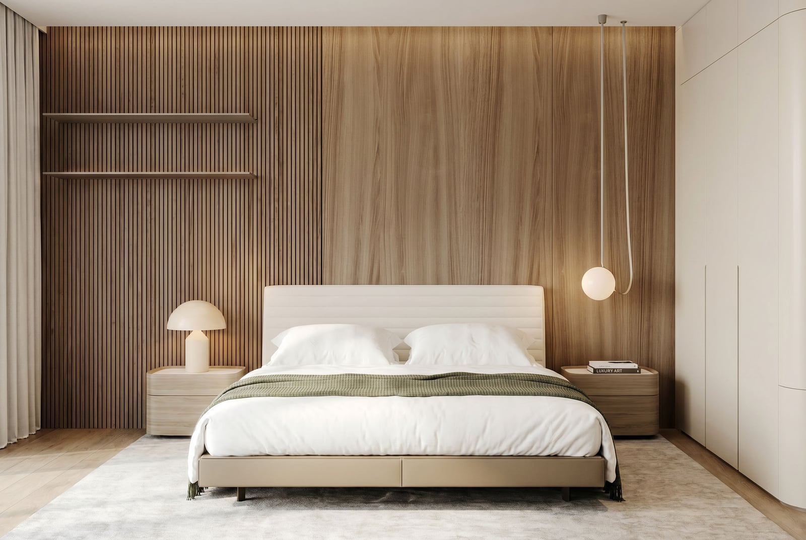 Modern bedroom in an apartment in Sveti Stefan, Montenegro: double bed, slatted wall paneling, and stylish decor.