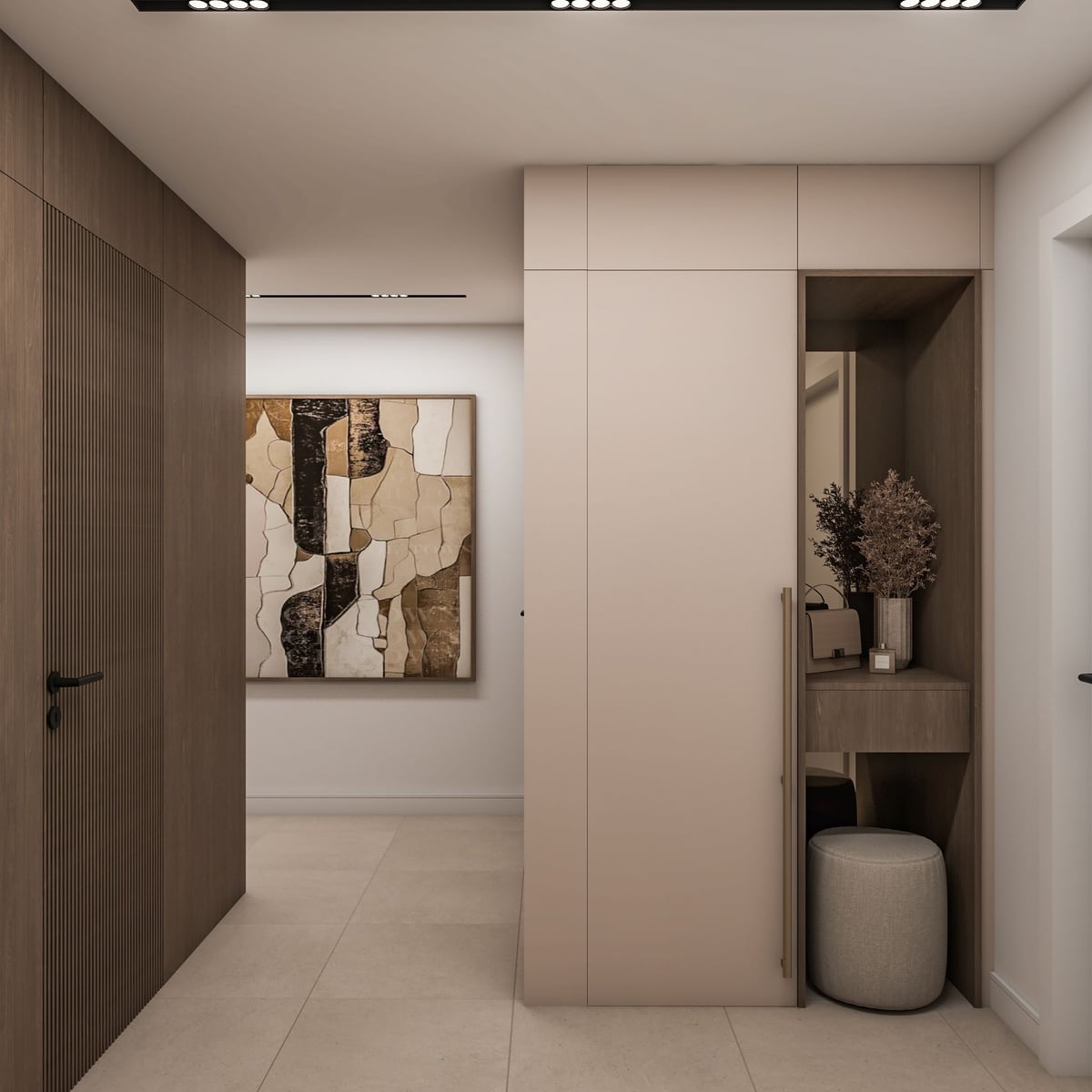 Modern hallway design in the Bar residential complex, Montenegro: built-in wardrobe, wooden panels, and stylish interior decor.