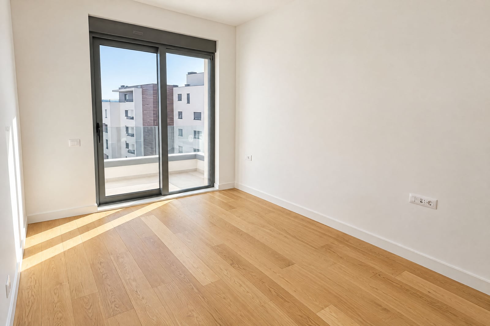 Empty room with light wood flooring and a large sliding glass door leading to a balcony.