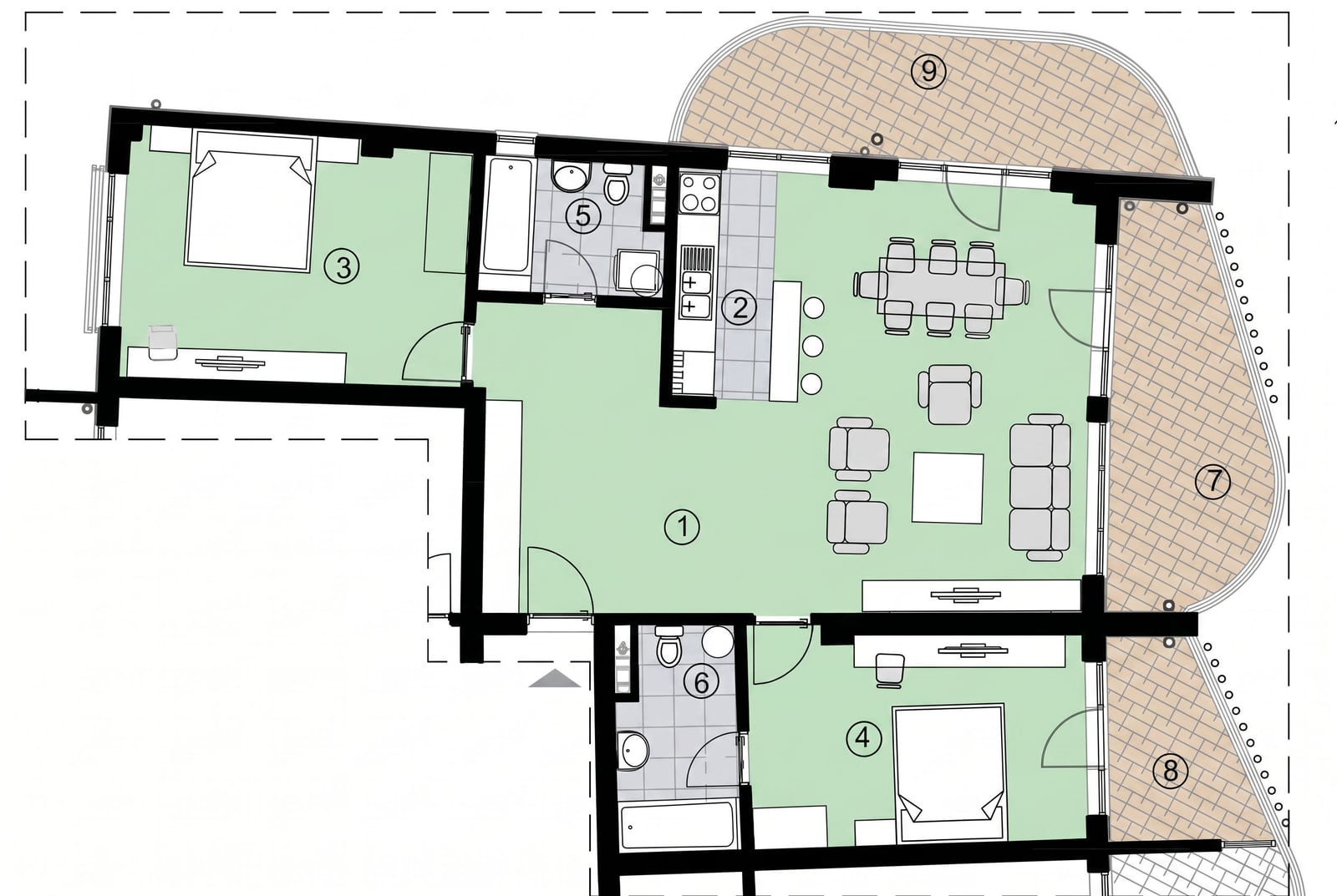 Apartment layout in Bečići, Montenegro: two bedrooms, spacious living room with kitchen, two bathrooms, and terraces.