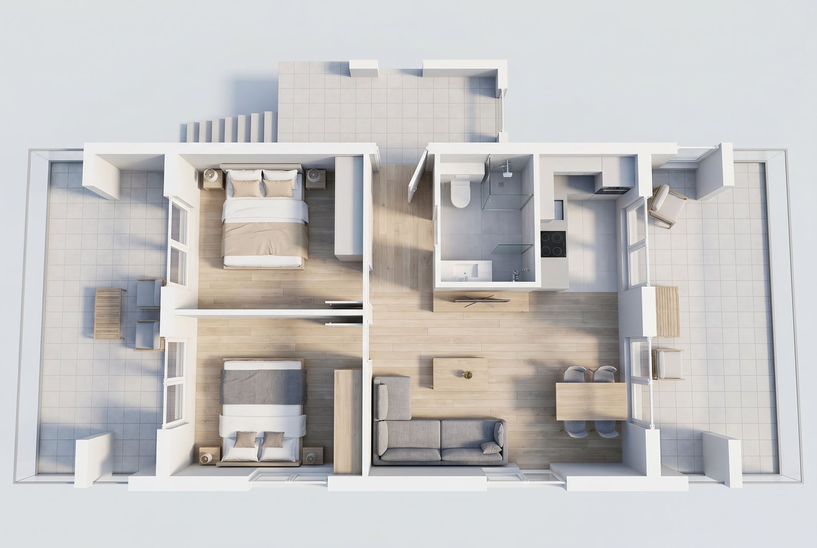 Apartment layout in Tivat, Montenegro: two bedrooms, living room with kitchen, bathroom, and spacious terraces.