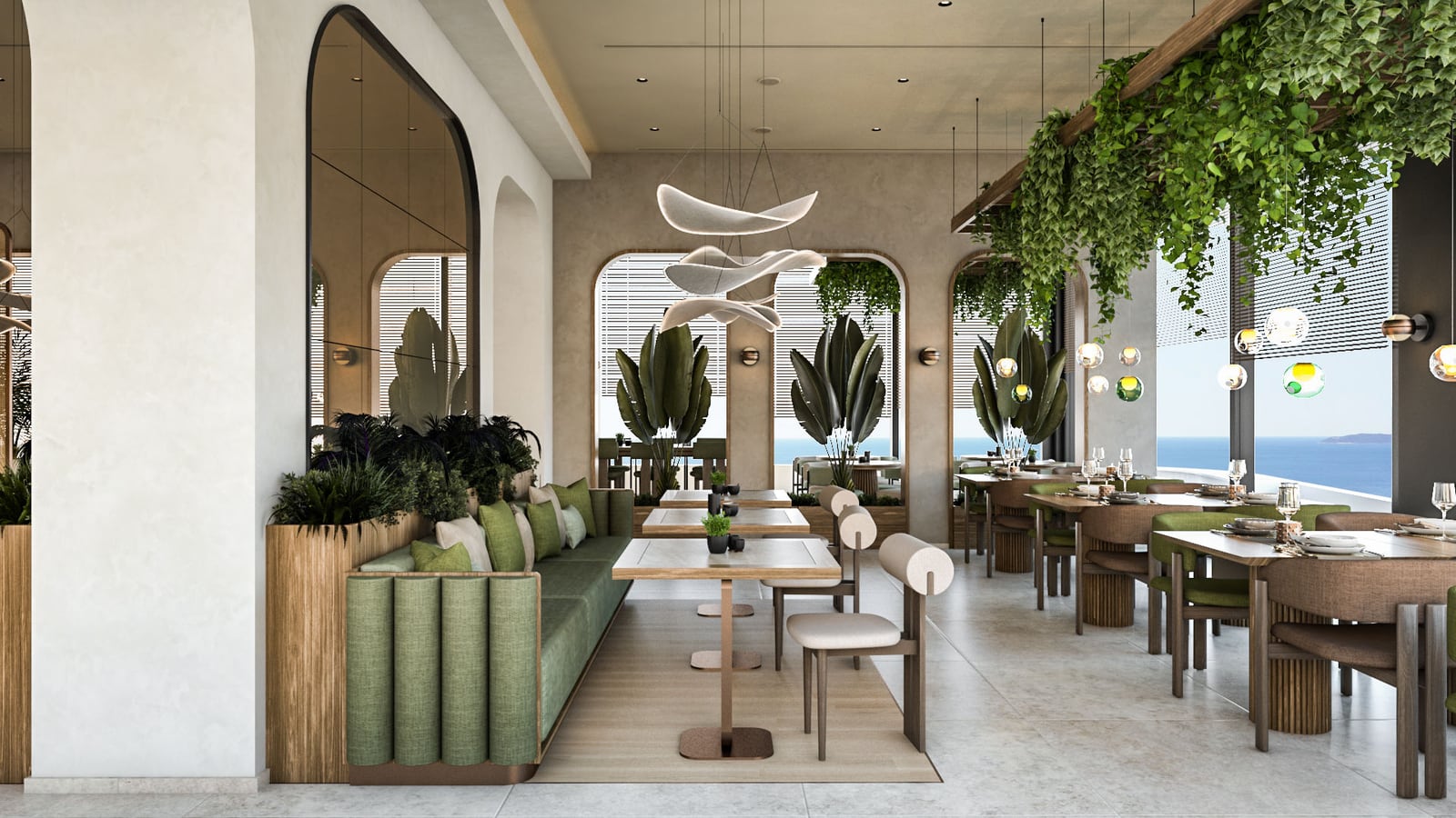 Modern restaurant with green banquette seating, wooden tables, hanging plants, and a large window overlooking the ocean.