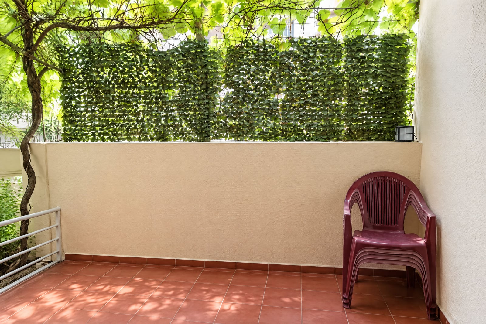 Terrace with red tiles, a plastic chair, and a green vine wall under a leafy canopy.