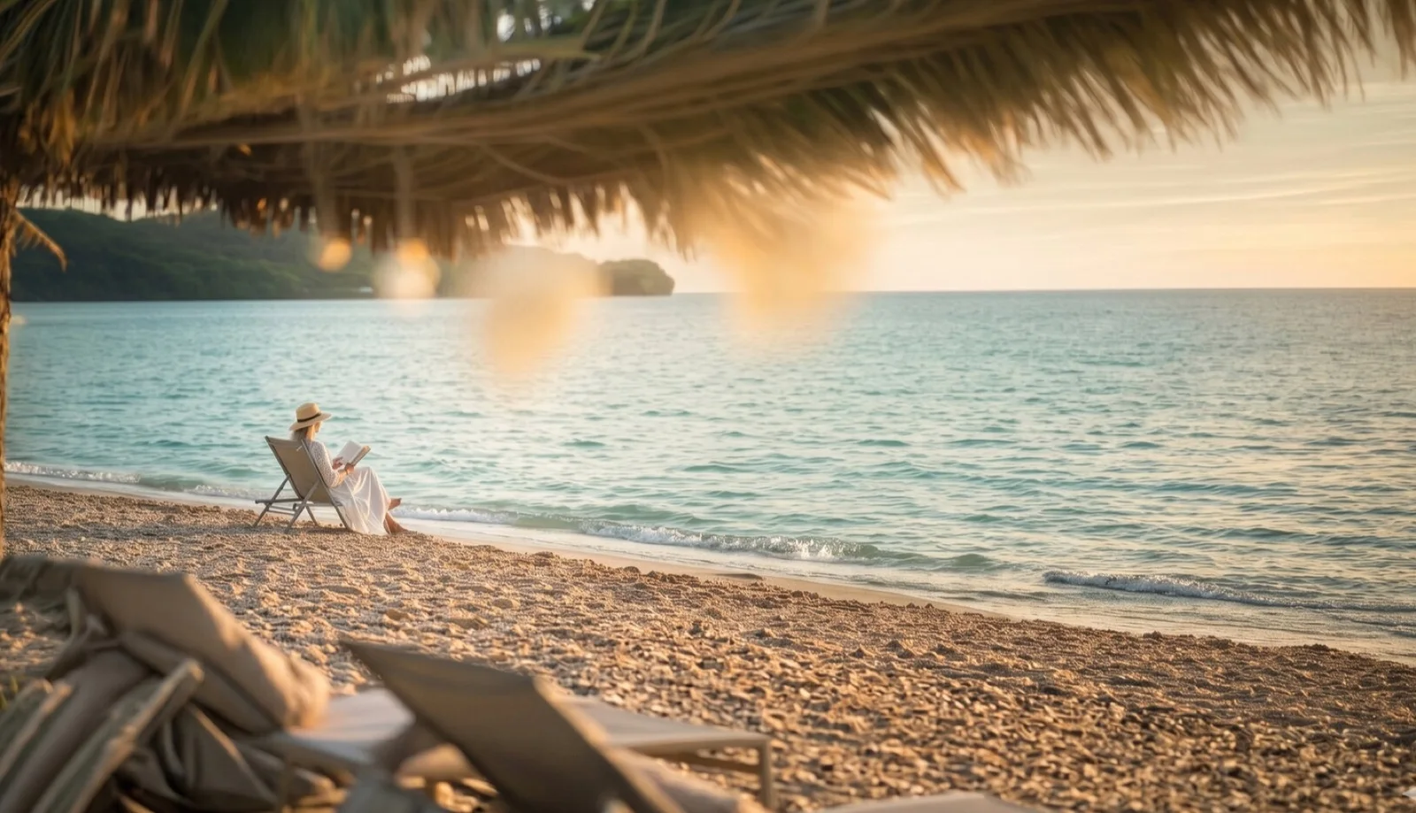 Beach scene with a lounge chair under a palm thatch roof, woman reading by the sea at sunset.