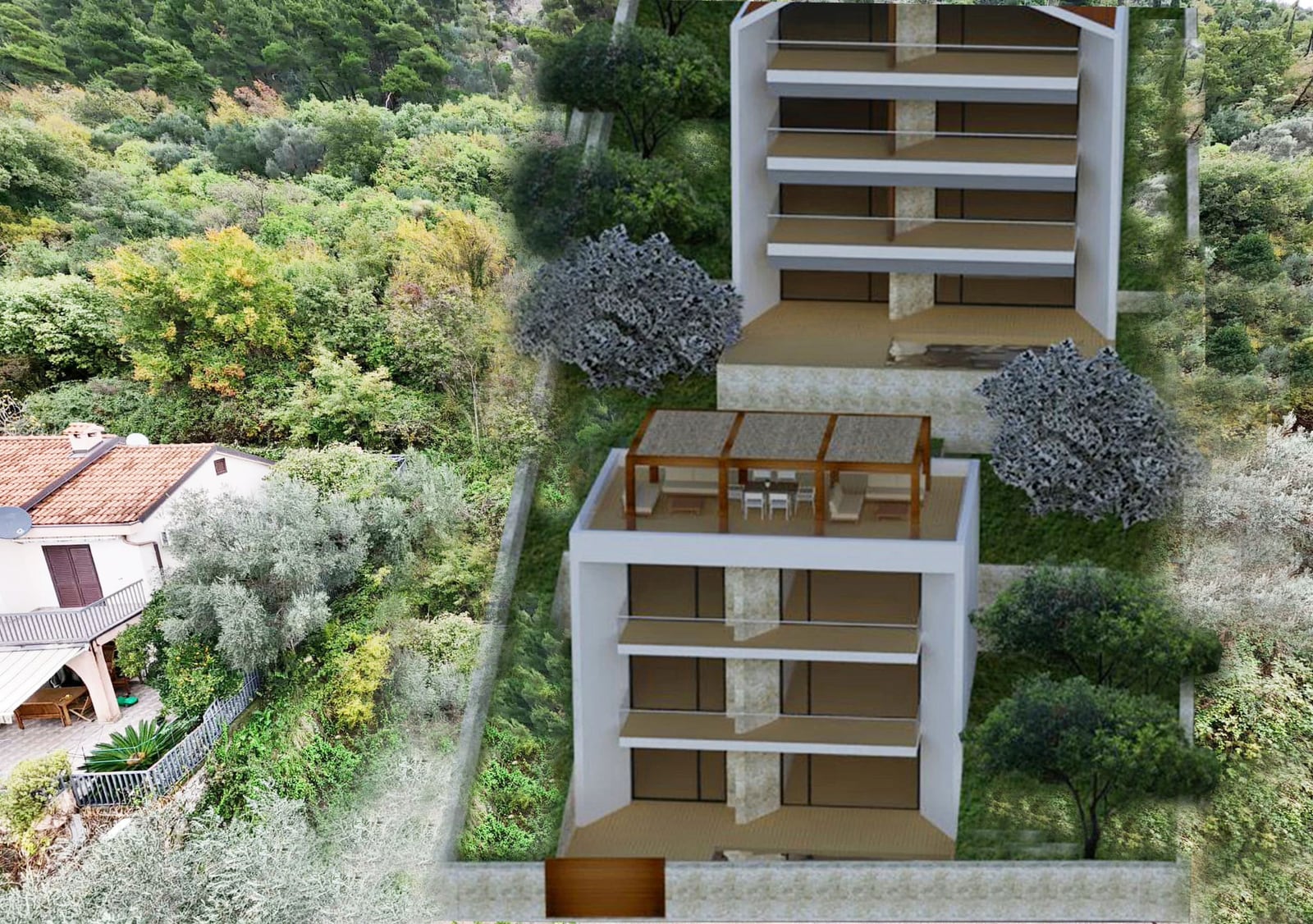 Visualization of a residential complex project in Budva, Montenegro: modern apartments with terraces surrounded by greenery.