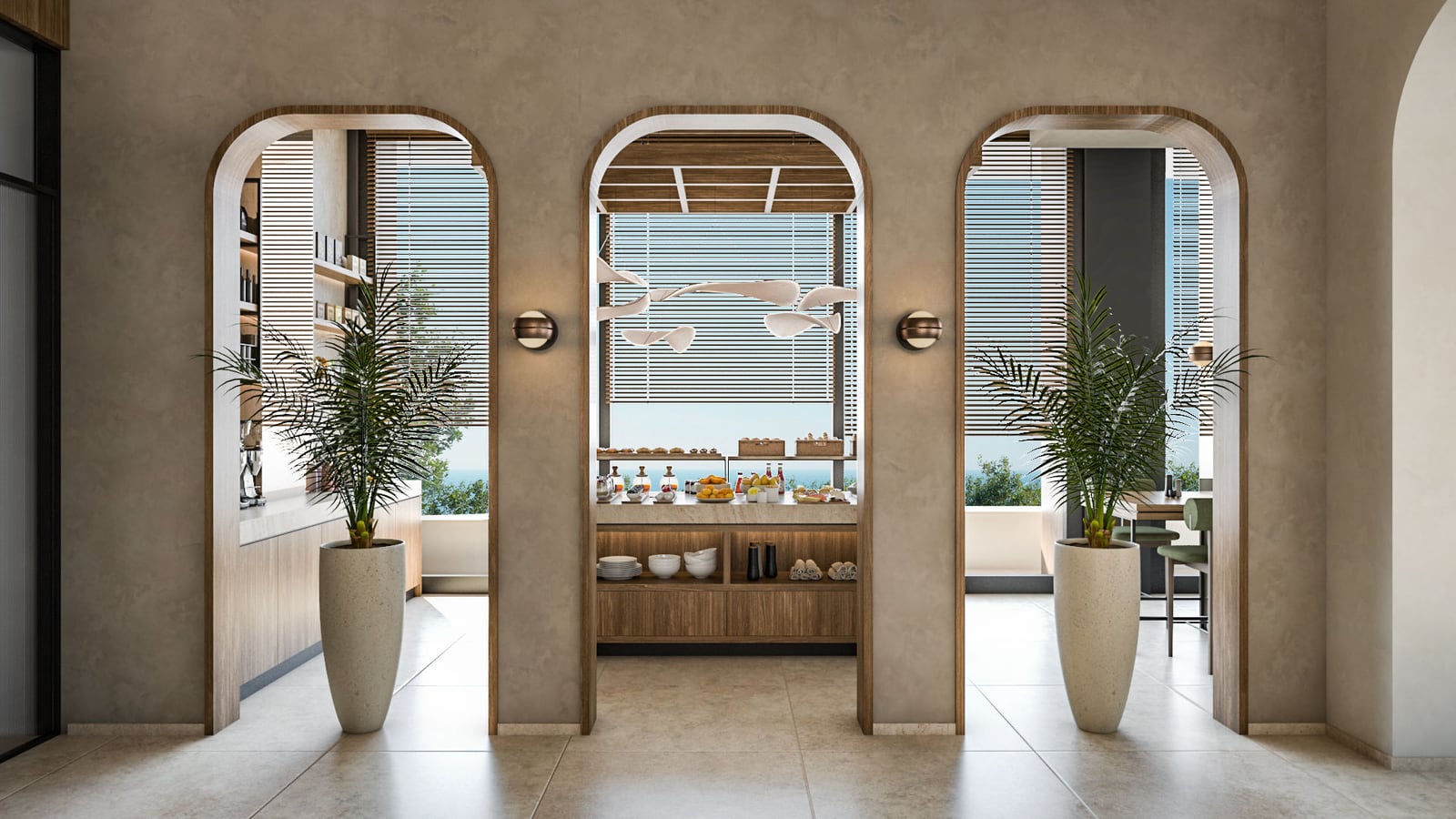 Hallway with three arched doorways leading to a breakfast area and dining room, decorated with tall potted plants.