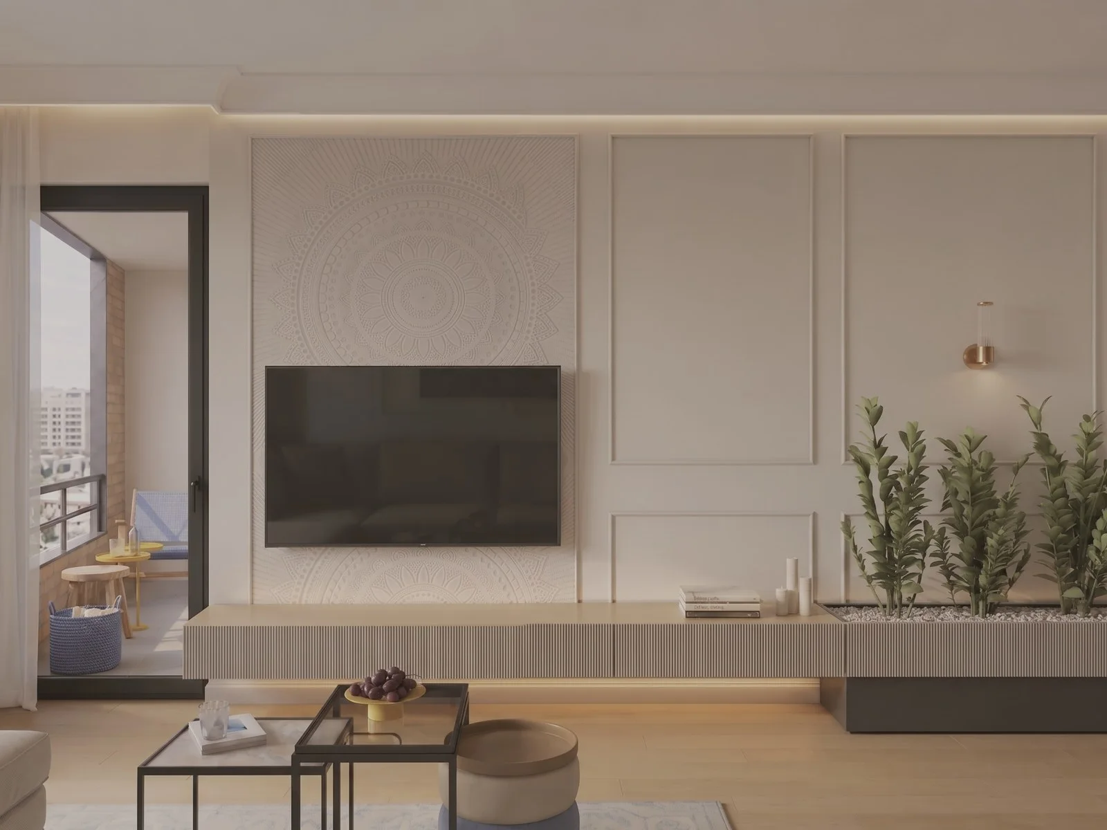 Modern living room featuring a wall-mounted TV, coffee table, and sliding door leading to a balcony.