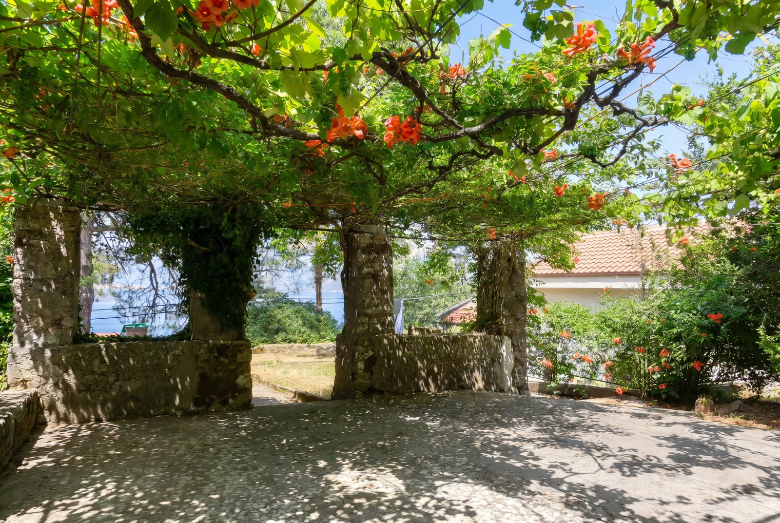 Cozy stone terrace with a flowering vine canopy and a sea view in Dobrota, Montenegro.