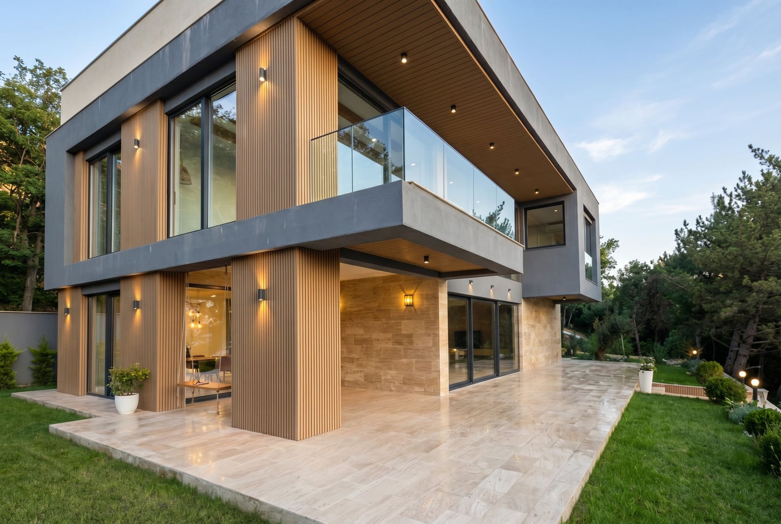 Modern villa in Kavac, Montenegro: facade with wooden panels, panoramic windows, and a stone terrace.