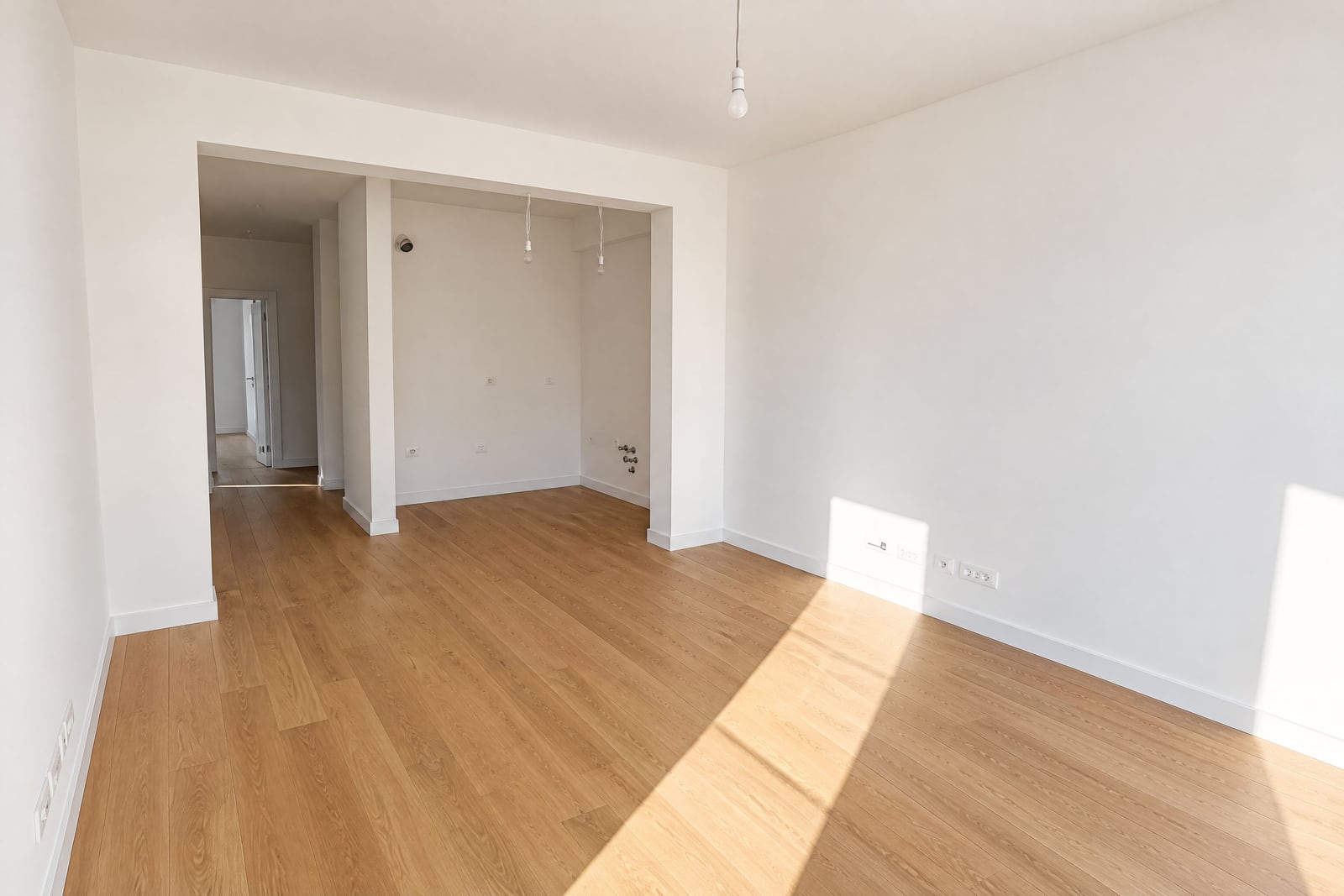 Empty room with wooden flooring and white walls, hallway visible, single bulb hanging from ceiling.