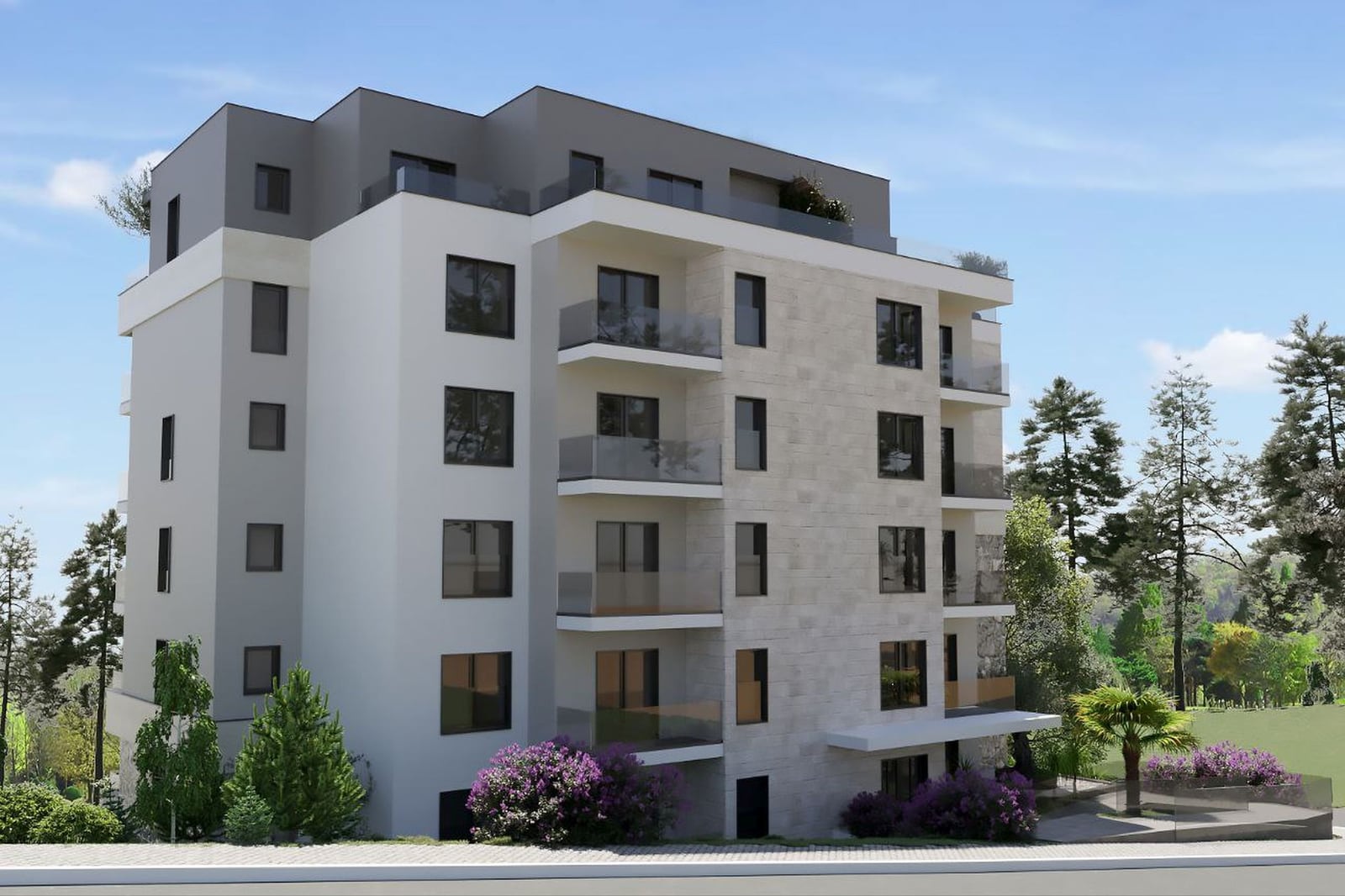 Exterior view of a modern multi-story residential building with balconies and landscaping.