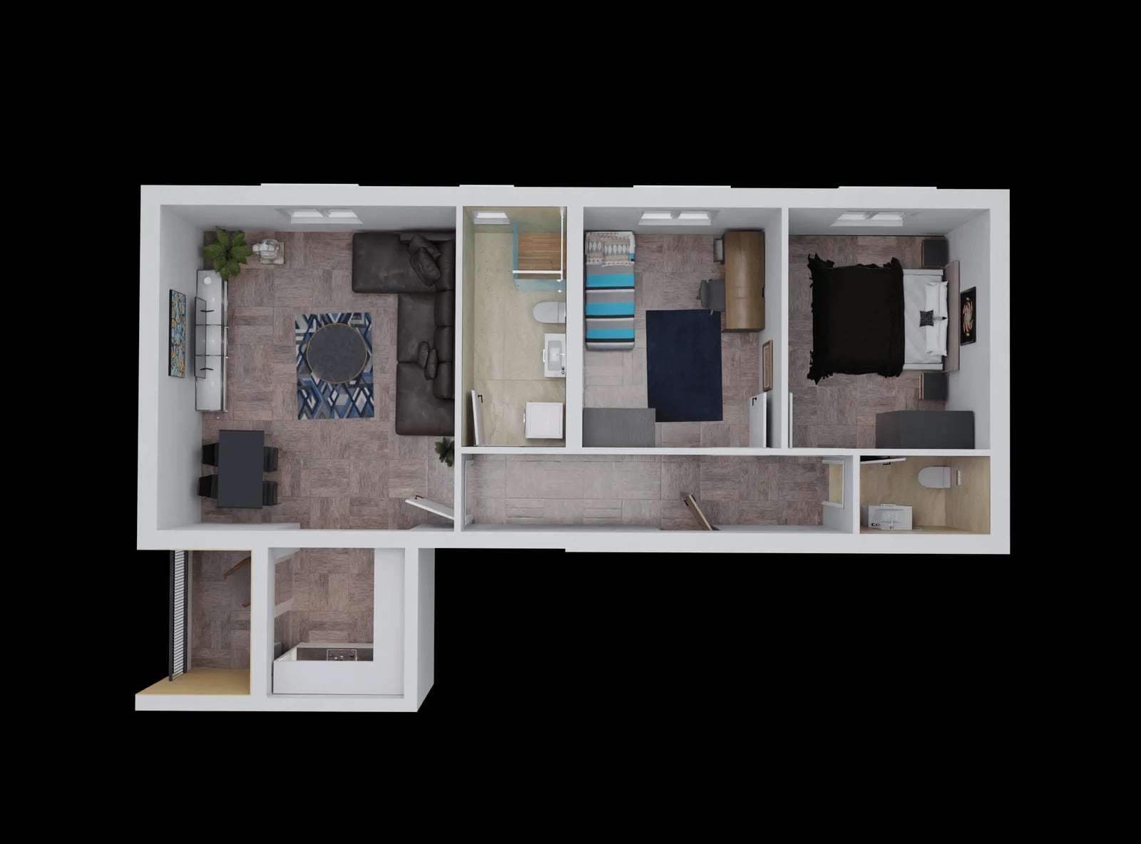 3D floor plan of an apartment in Bar, Montenegro: living room, two bedrooms, two bathrooms, and modern furnishings.