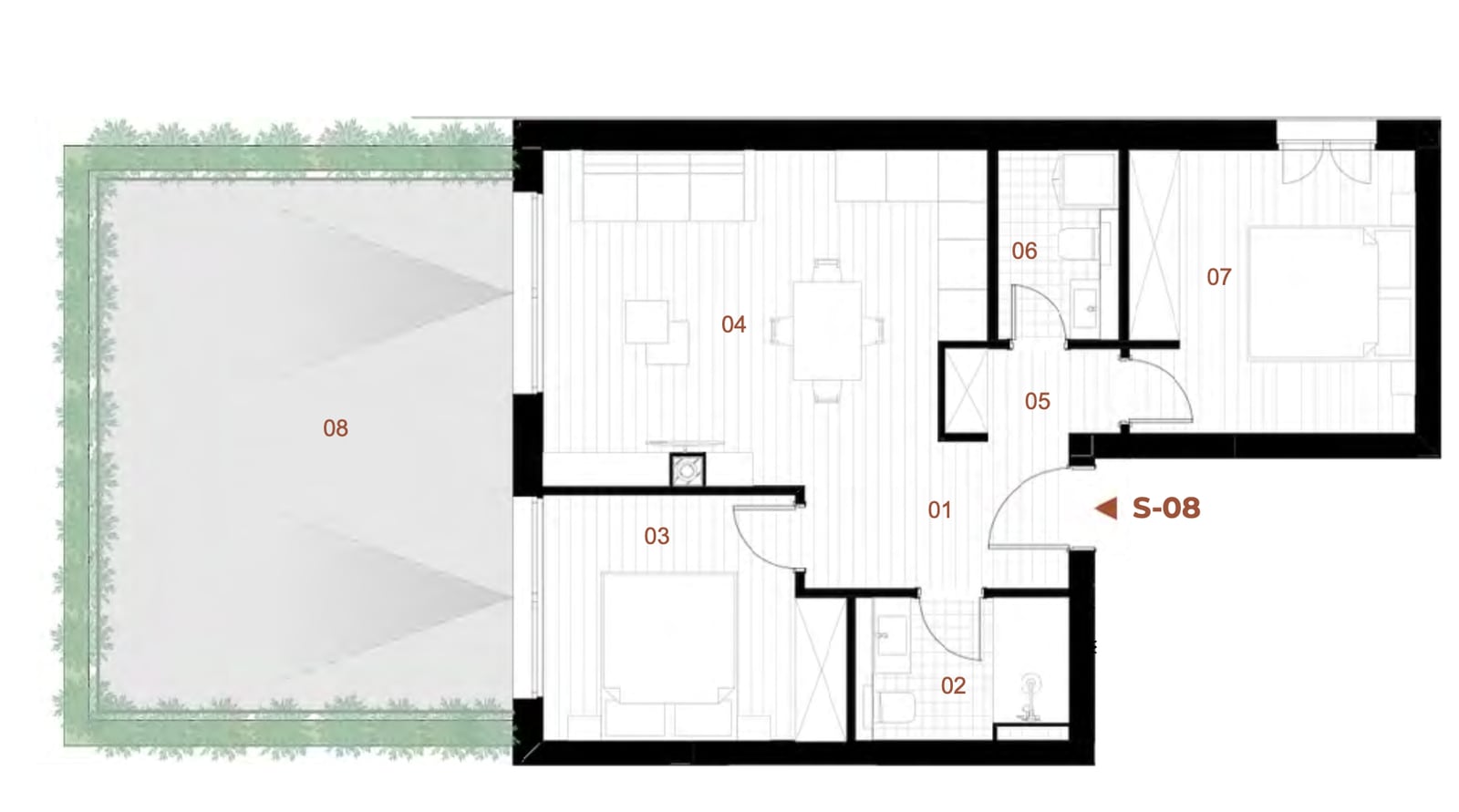 Apartment layout with two bedrooms, kitchen-living room, and terrace in Orahovac, Montenegro