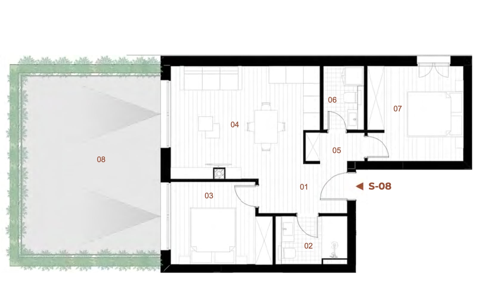Apartment layout with two bedrooms, living room, and terrace in Orahovac, Montenegro