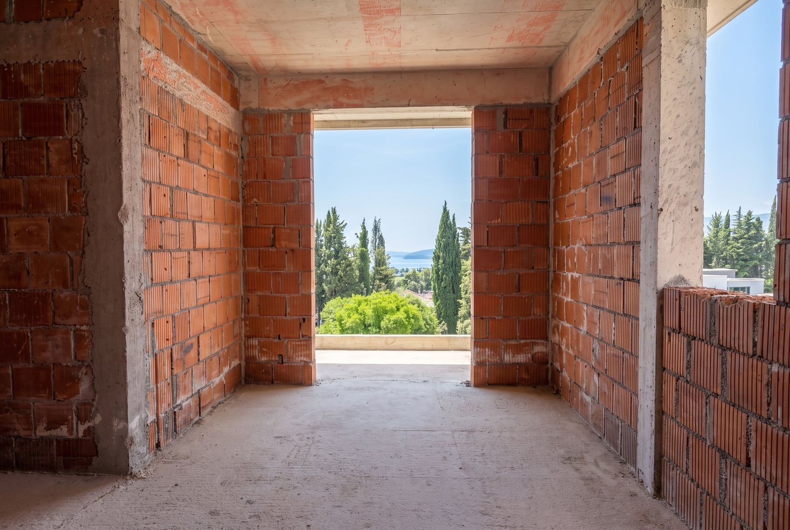 Rough finish apartment in a new development in Tivat, Montenegro, with a view of the sea and cypress trees.