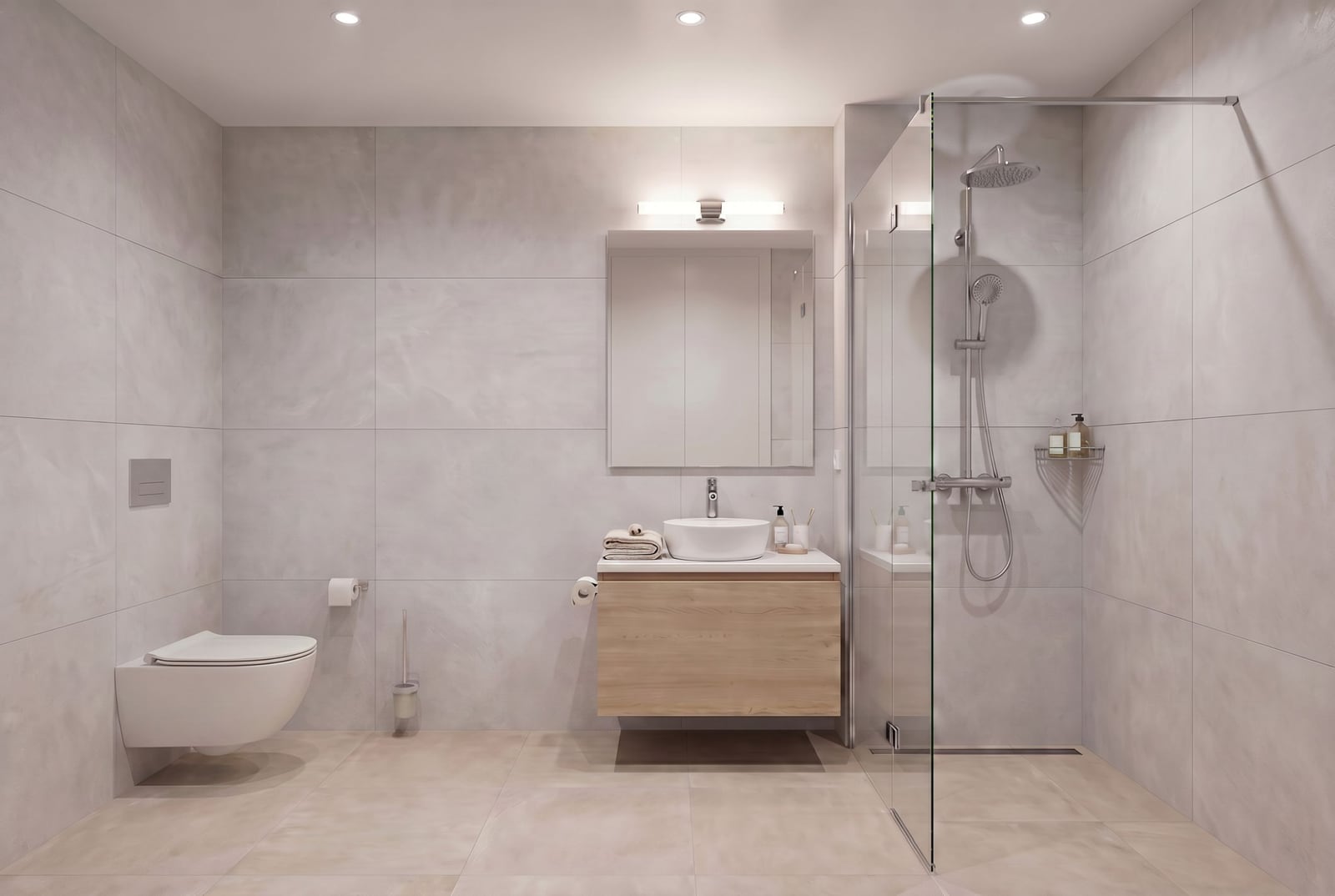 Modern bathroom in an apartment in Bečići, Montenegro: shower cabin, wall-hung vanity unit, and light-colored tiles.