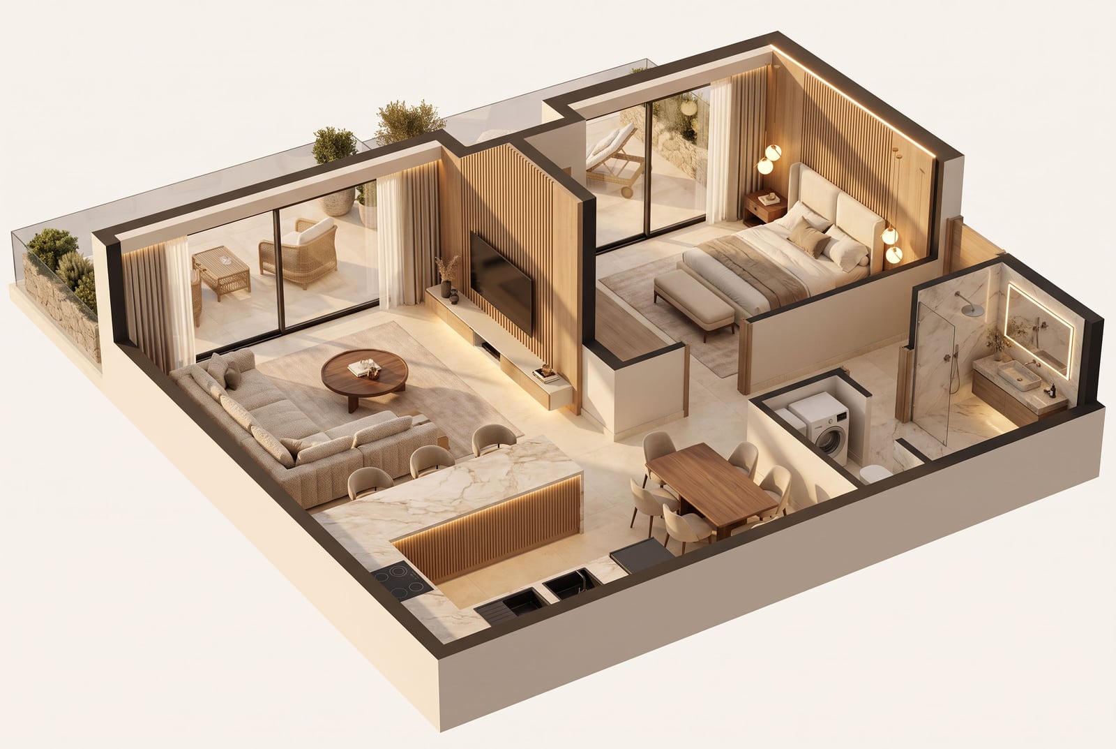 3D architectural floor plan of an apartment showing the layout of the living room, kitchen, bedroom, and bathroom.