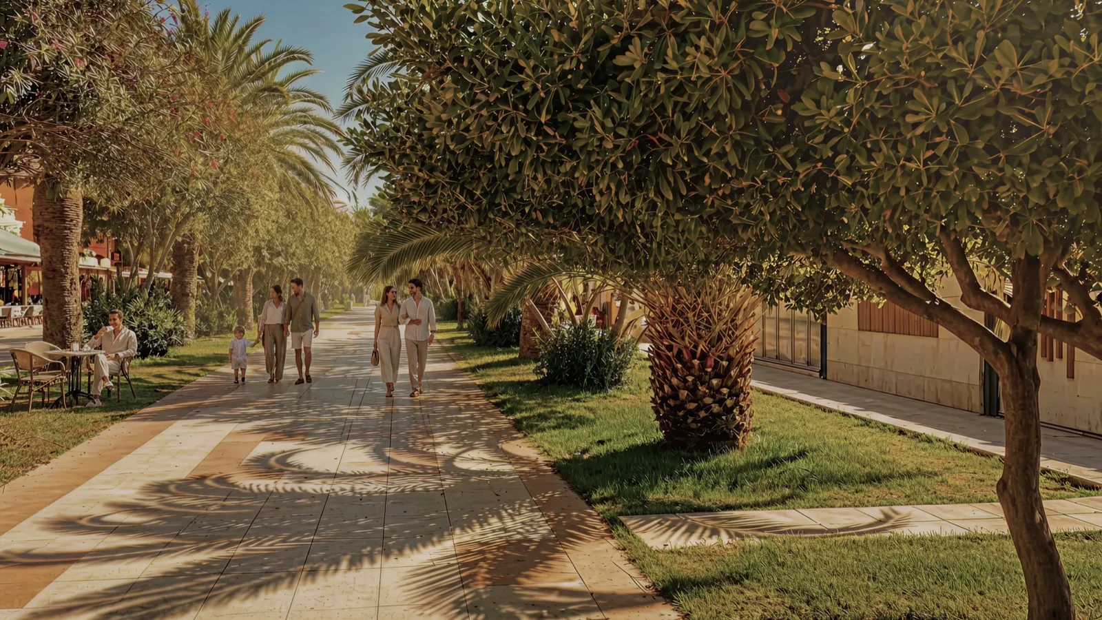Outdoor scene showing people walking on a paved path lined with palm trees and green grass in sunlight.