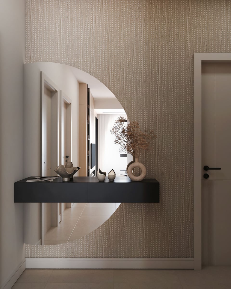 Modern hallway interior in ЖК Бар, Montenegro: round mirror, floating black console, and stylish decor.