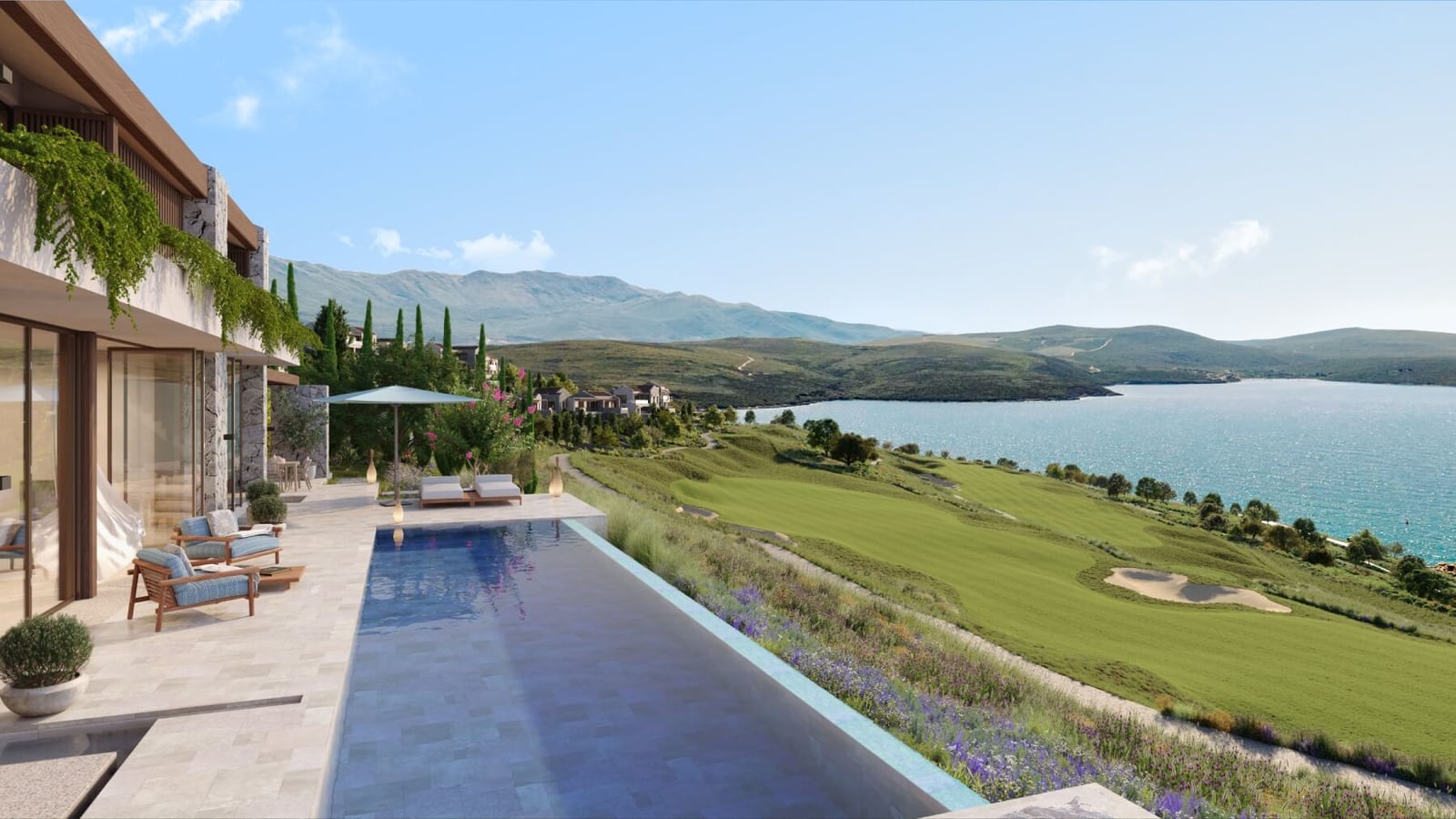 Luxury villa with an infinity pool and views of the golf course and sea in Luštica, Montenegro. Terrace with a lounge area.