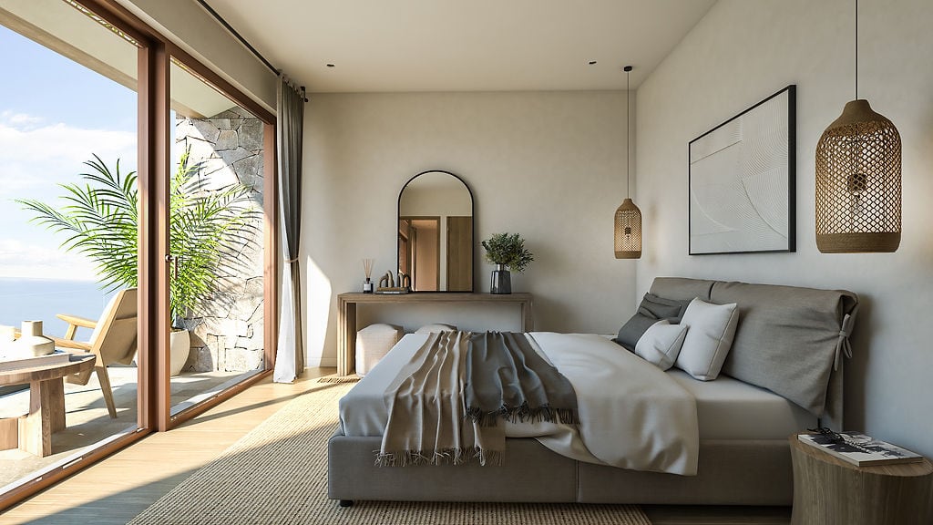 Modern bedroom with sea view in a villa, Luštica, Montenegro: stylish interior, double bed, and terrace.