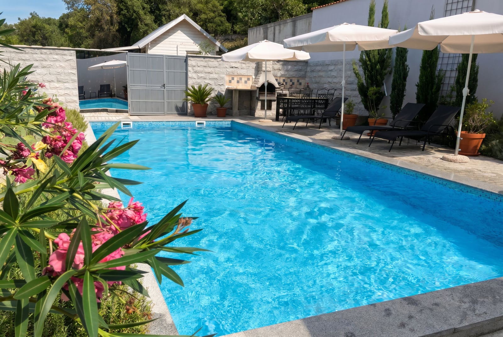 Open pool with barbecue area and sun loungers at a penthouse in Risan, Montenegro: terrace view with flowers.