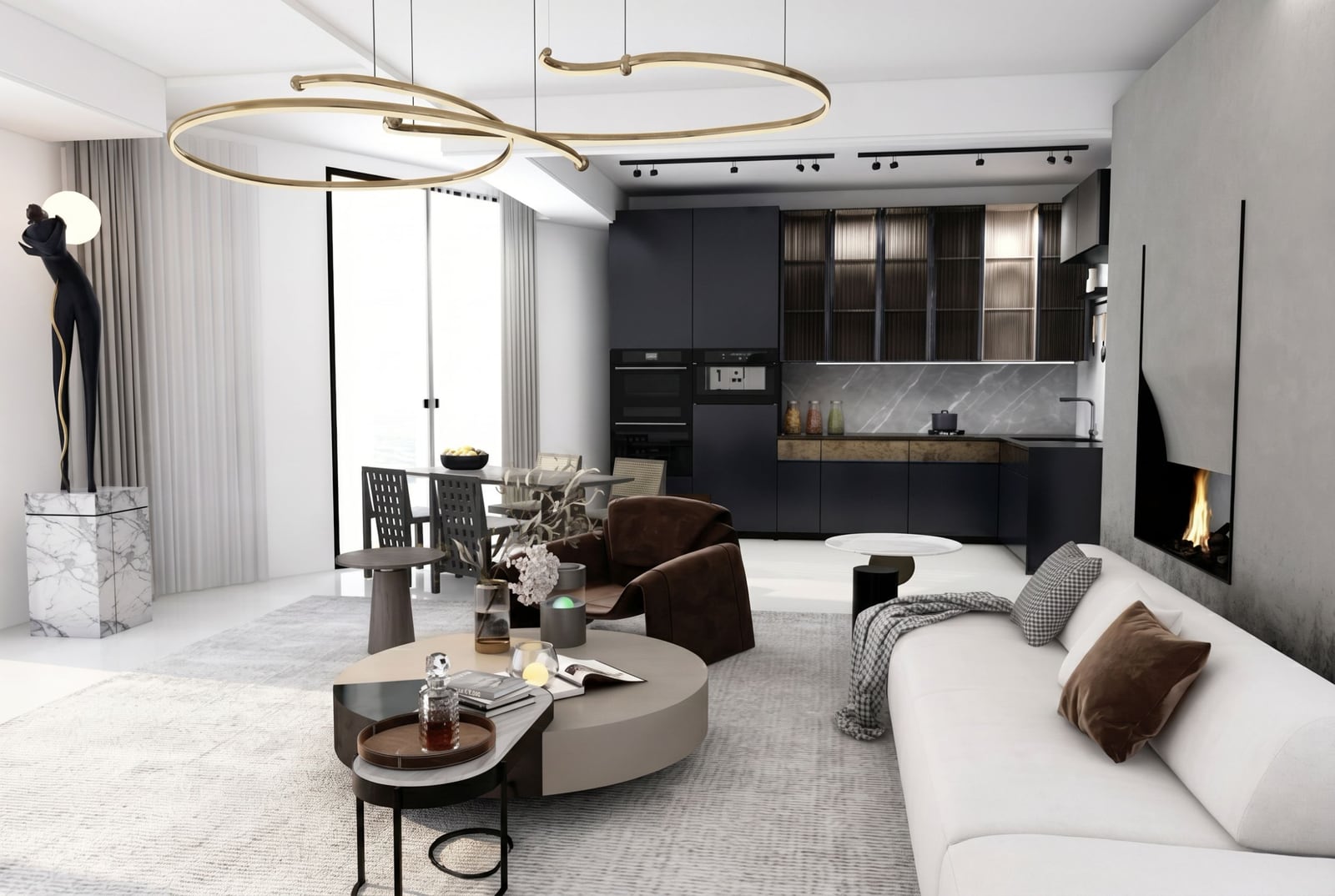 Modern living room with kitchen in a penthouse, Bečići, Montenegro: designer furniture, fireplace, and stylish interior.