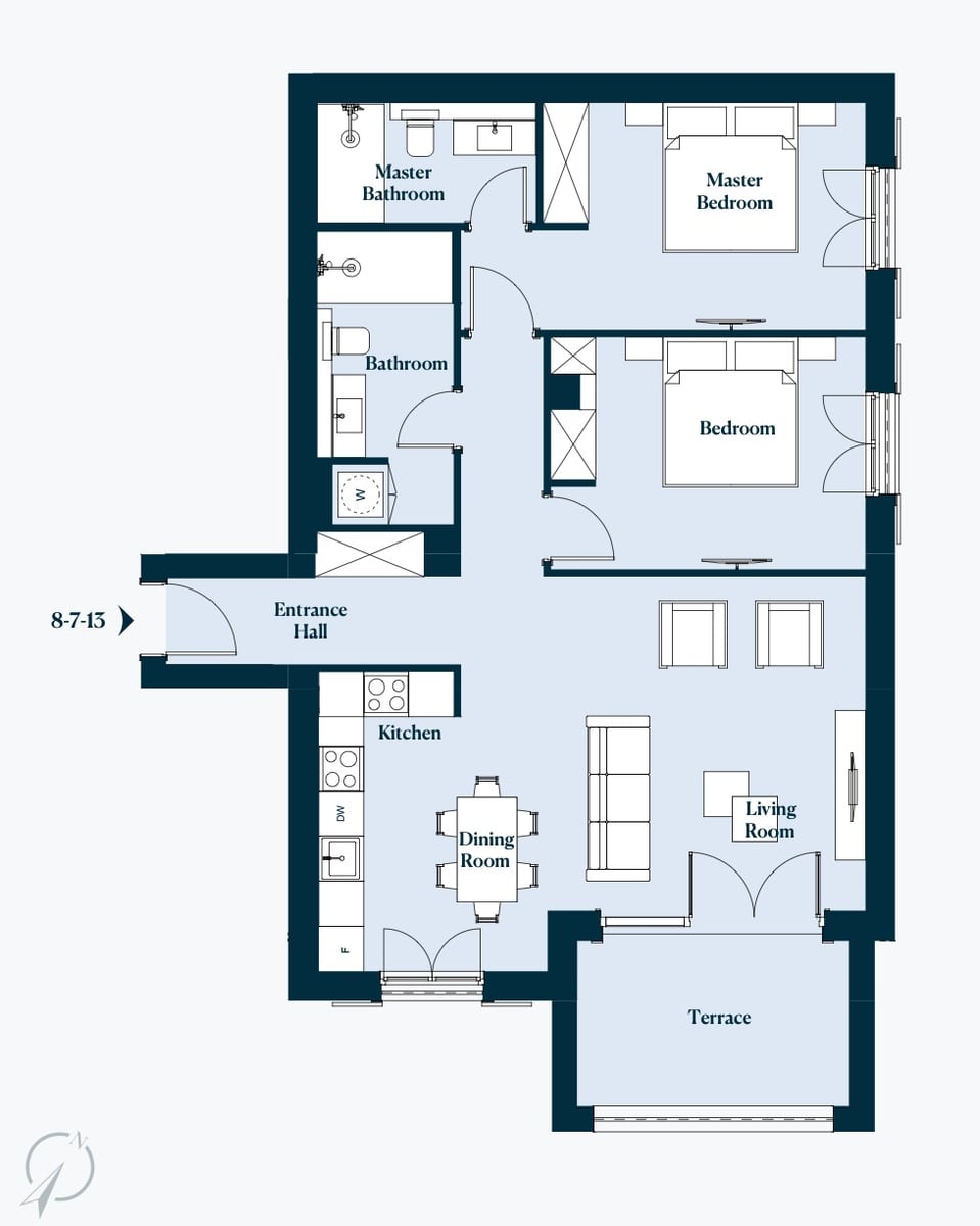 Layout of a two-bedroom apartment with a kitchen-living room and terrace in the Luštica residential complex, Montenegro.