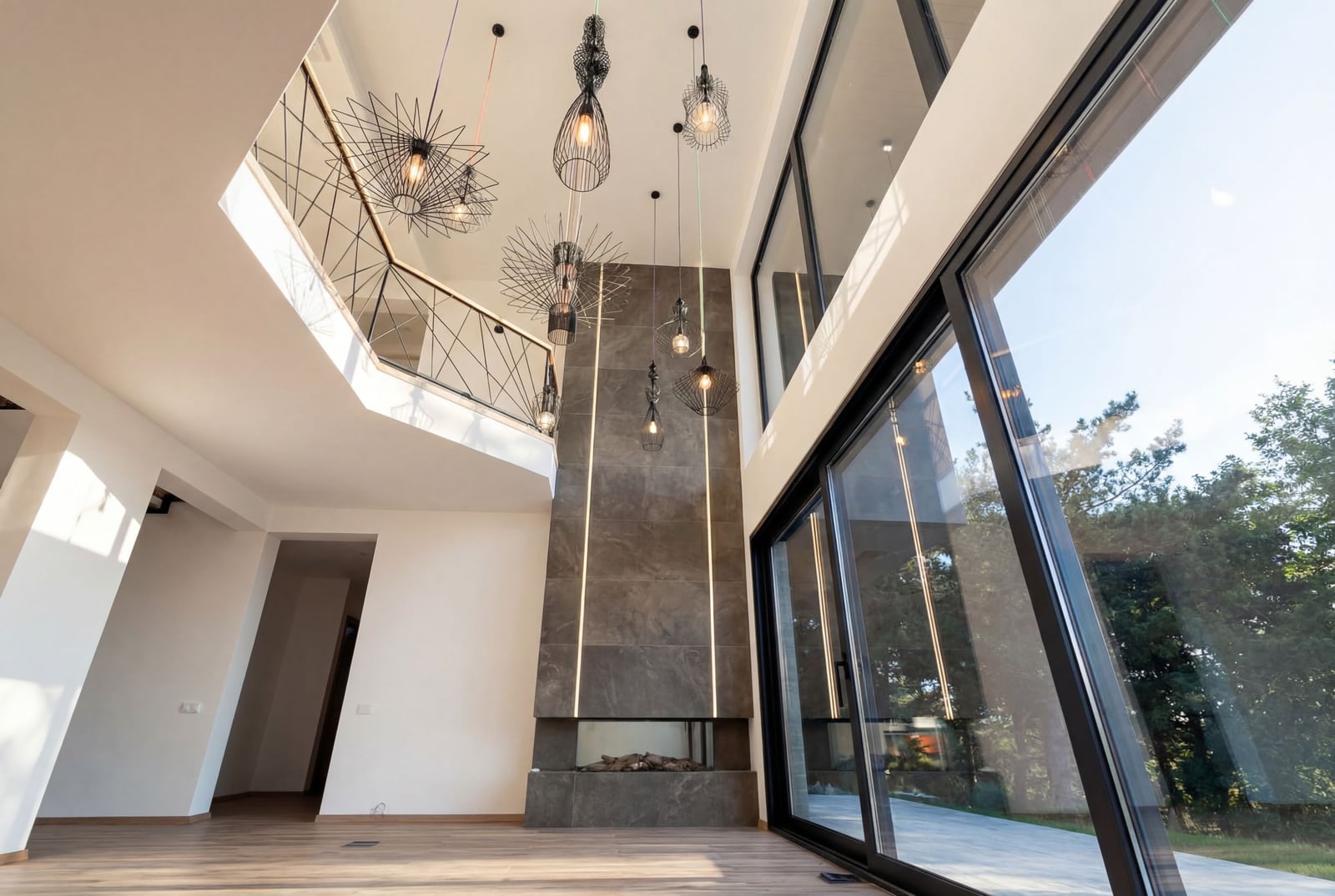 Villa living room in Kavac, Montenegro: panoramic windows, high ceilings, designer light fixtures, and a finished fireplace.