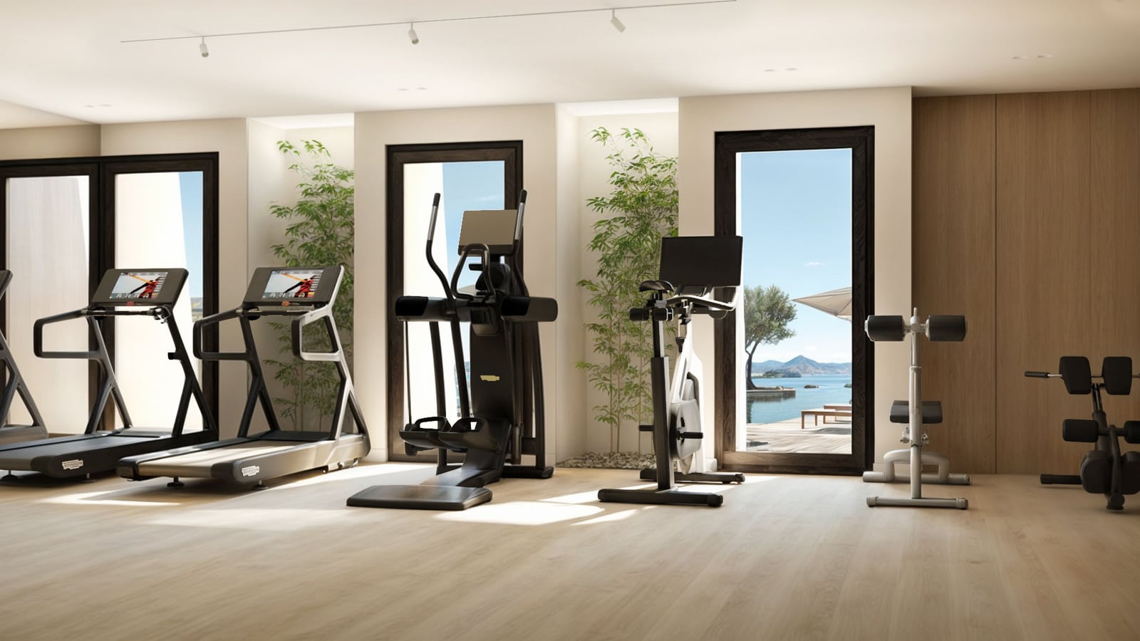 Bright home gym featuring treadmills, an elliptical trainer, and a stationary bike near windows overlooking water.