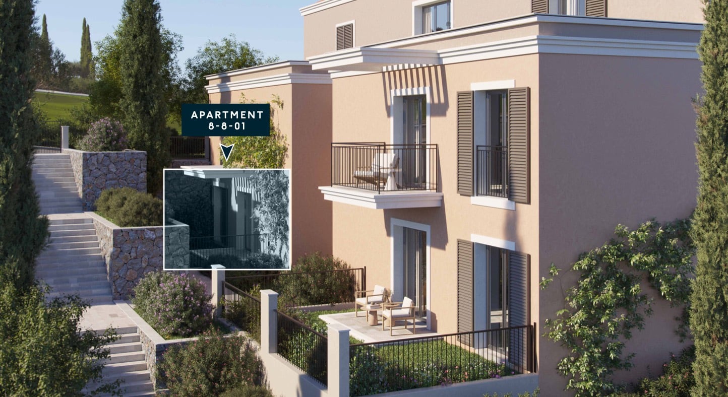Modern apartment with terrace and balcony in the Luštica residential complex, Montenegro: exterior of the building with landscaping.