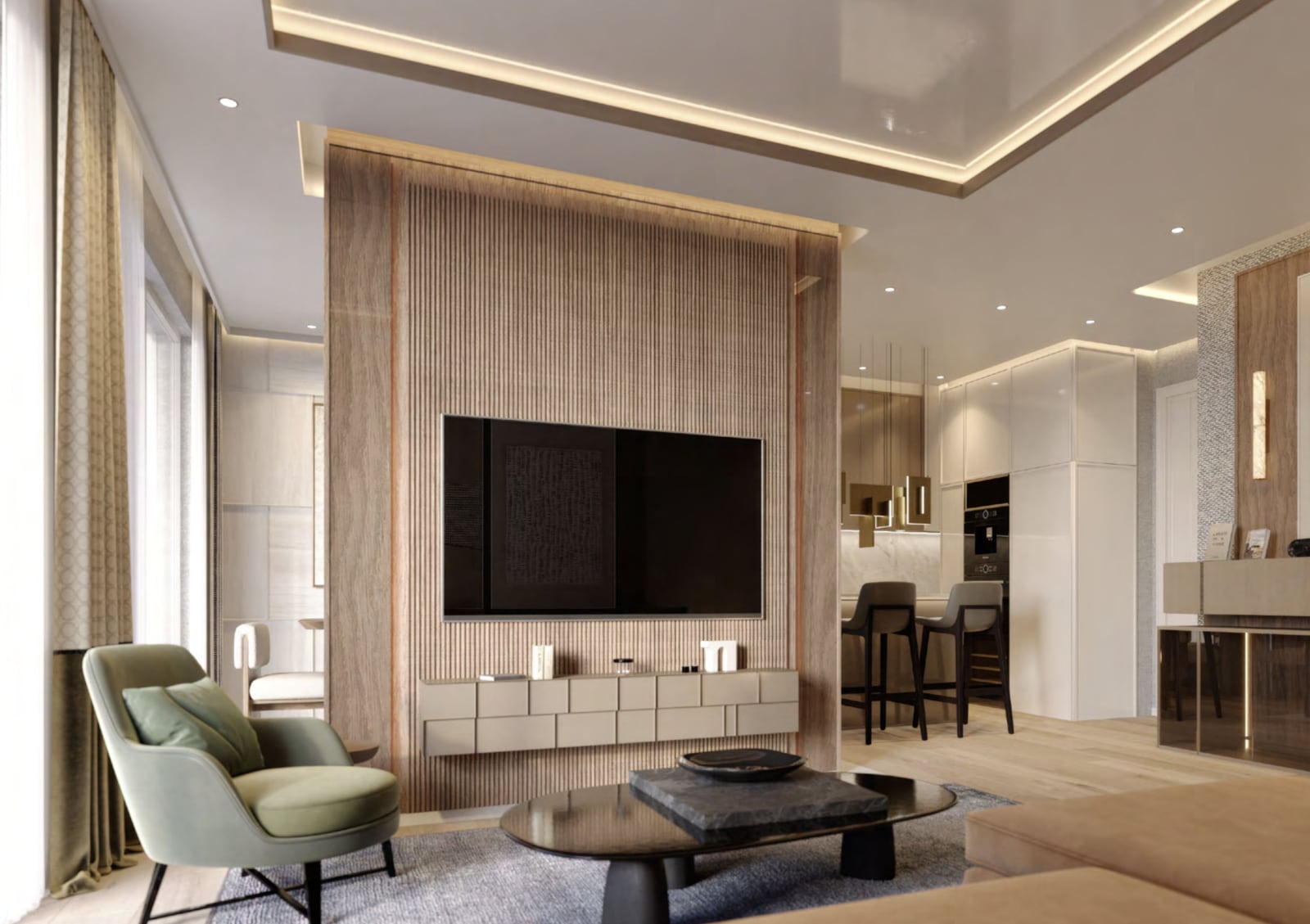 Modern living room with a TV on a wooden panel in a luxury apartment, Oraховac, Montenegro