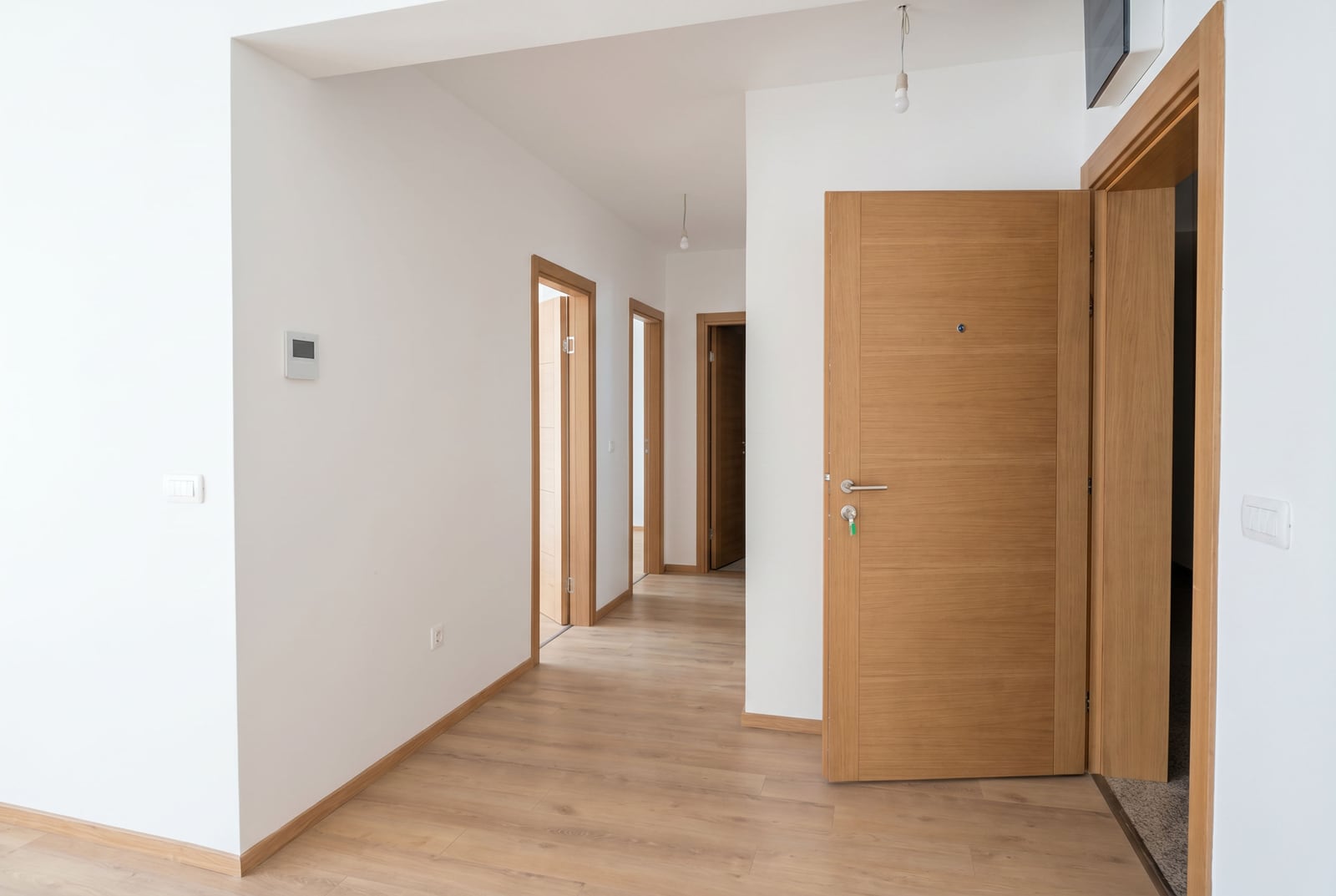 Bright hallway in an apartment in Pržno, Montenegro: wood-effect laminate flooring, interior doors, and modern finishes.