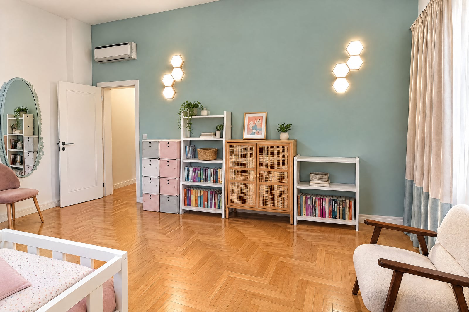 Children bedroom with a bed, bookshelves, and cabinet against a teal wall with herringbone wood flooring.