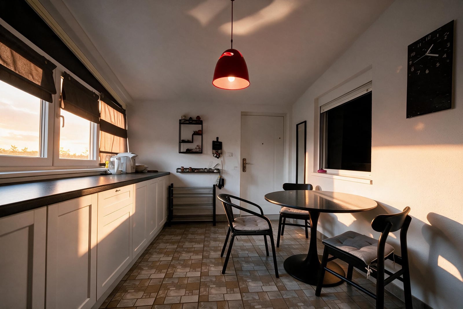Kitchen with white cabinets, black countertop, round table, three chairs, and a red pendant light near windows.