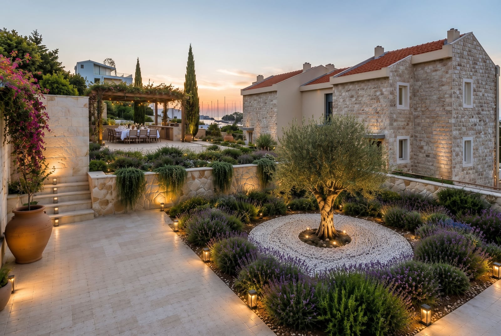 Luxury villa in Reževići, Montenegro: stone facade, landscaped garden with an olive tree, and a dining terrace.