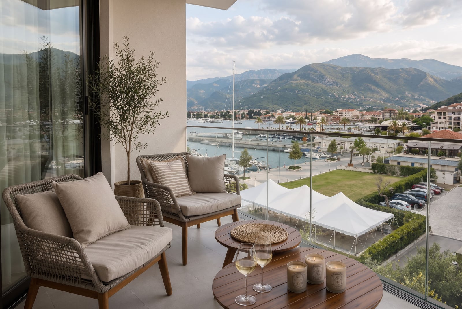 Balcony with woven chairs, wooden tables, and a view of the marina and mountains.