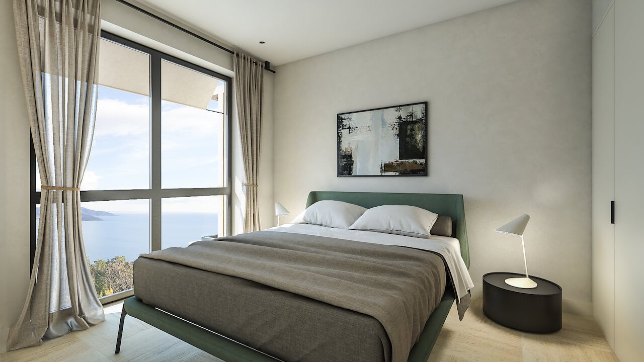 Modern bedroom with a sea view in the Luštica residential complex, Montenegro: double bed and panoramic windows.