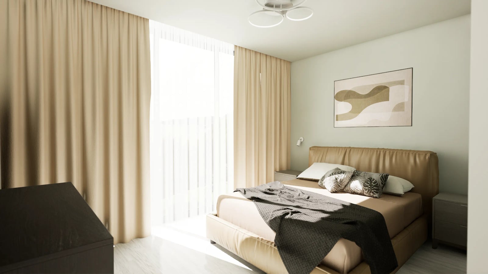 Modern bedroom in a townhouse, Rezevici, Montenegro: double bed, beige curtains, and stylish interior.