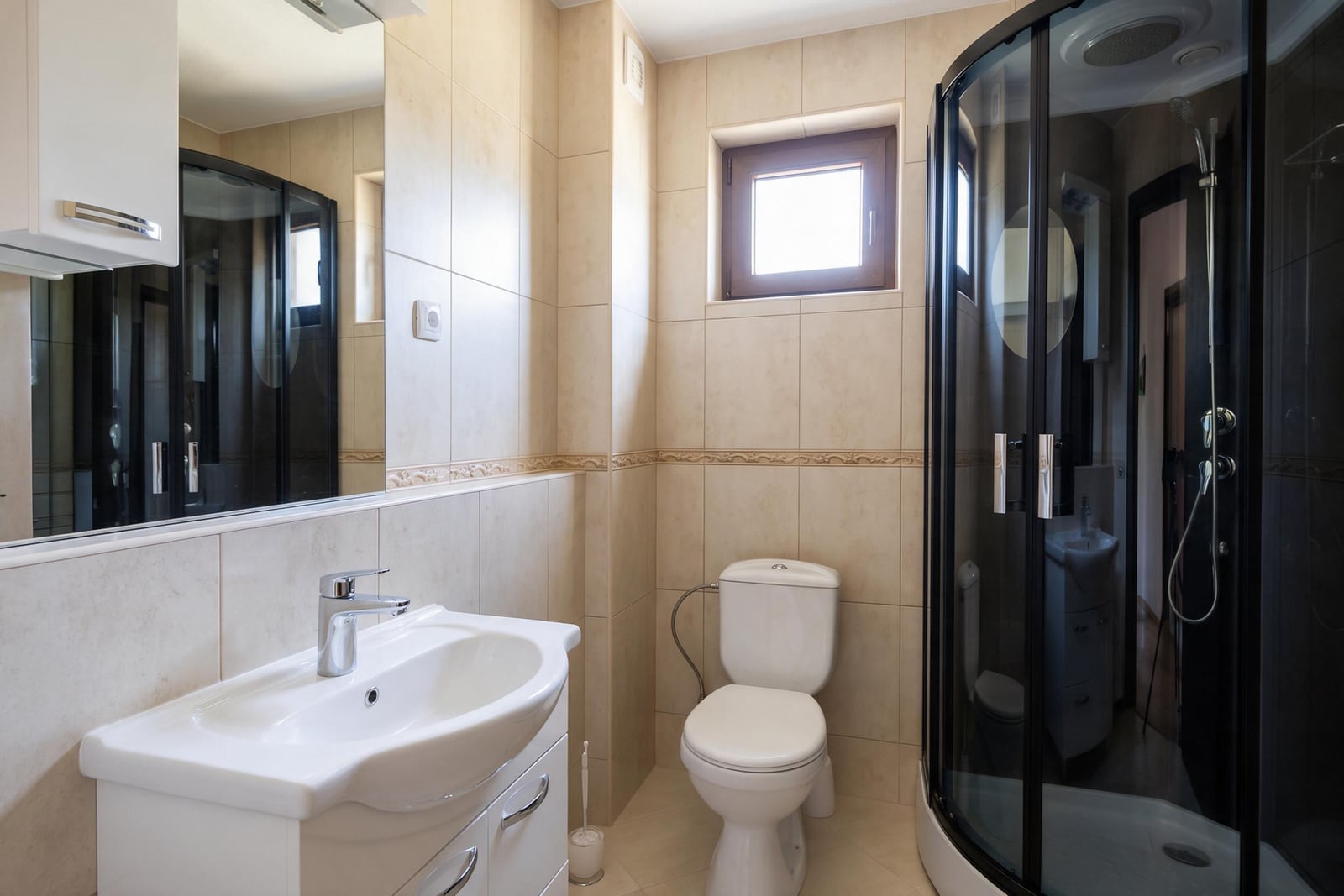 Bathroom featuring a white sink vanity, toilet, and curved glass shower enclosure against beige tiled walls.