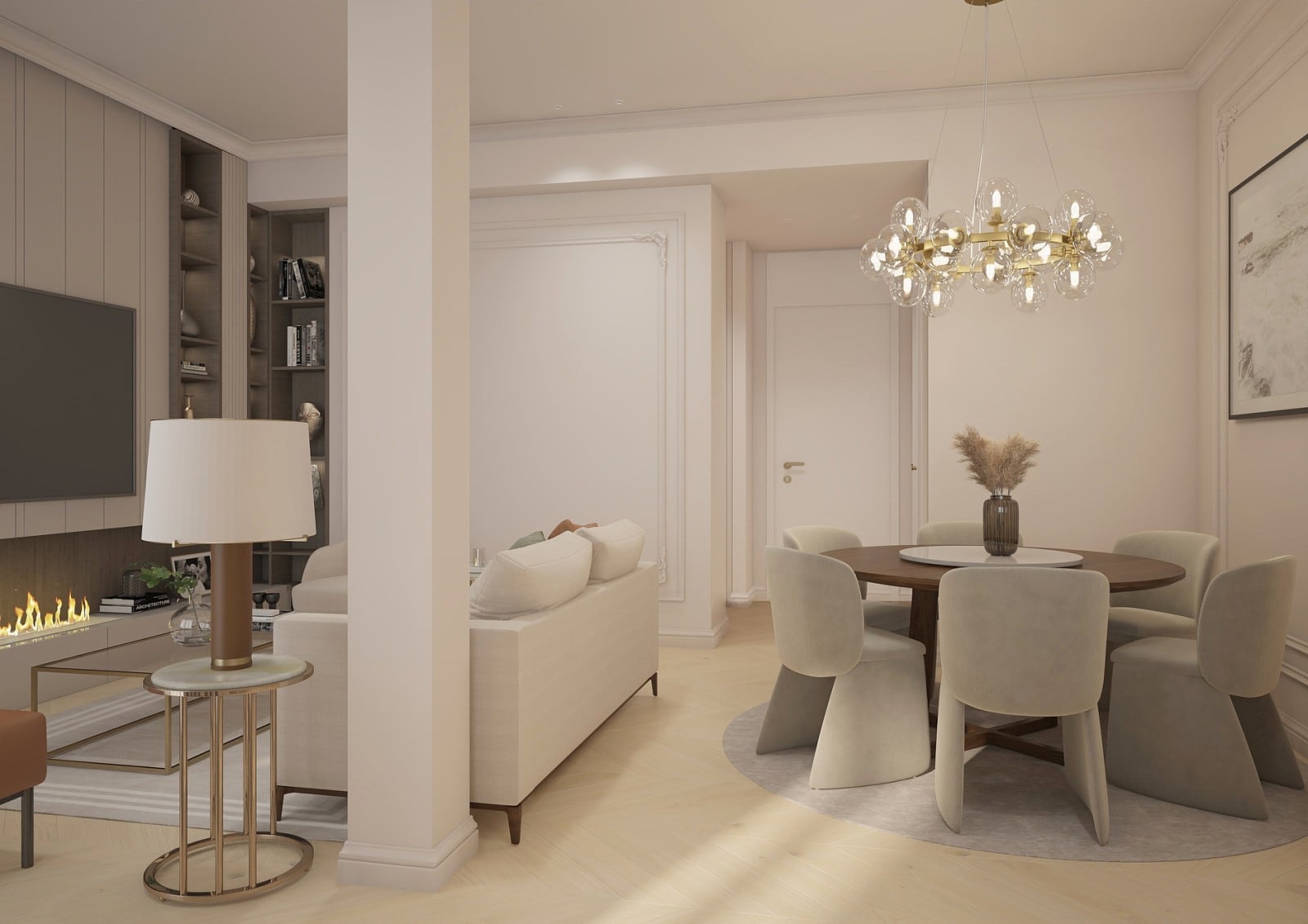 Modern living room with sofa, fireplace, and TV, transitioning into a dining area with a round table and chandelier.