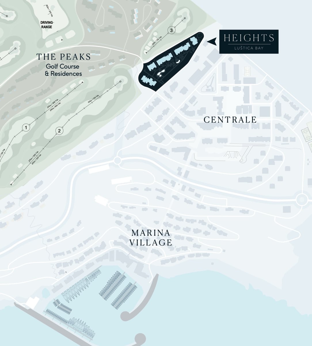 Map of The Peaks and Heights complex in Luštica Bay, Montenegro: golf course, marina, and residential development.