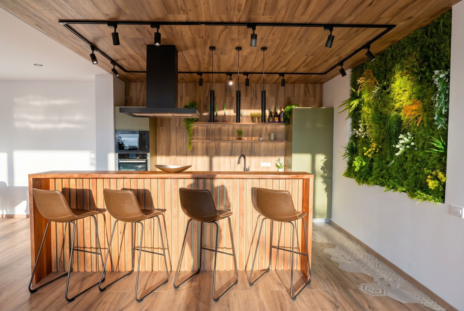 Modern kitchen with a bar counter and a living wall in a villa in Kavac, Montenegro: stylish interior with wood finishes.