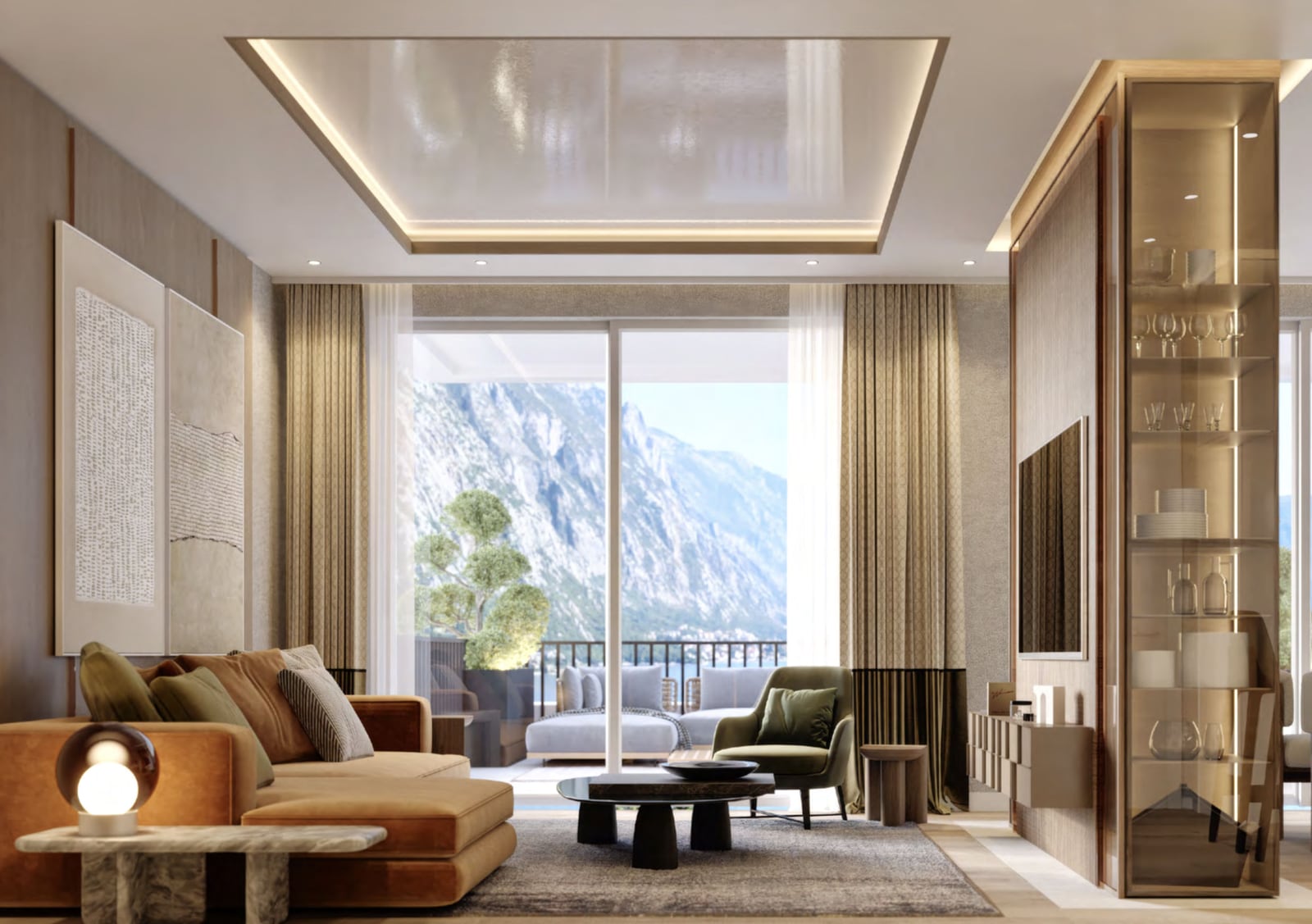 Designer living room with panoramic windows and mountain views in an apartment in Orahovac, Montenegro