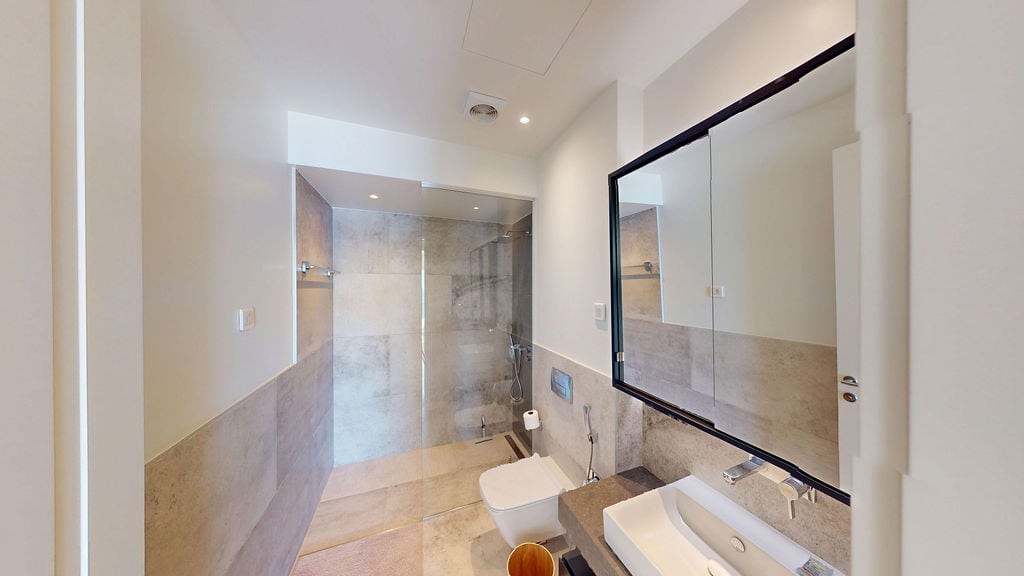 Modern bathroom with a shower cabin and tile finish in a luxury villa, Luštica, Montenegro