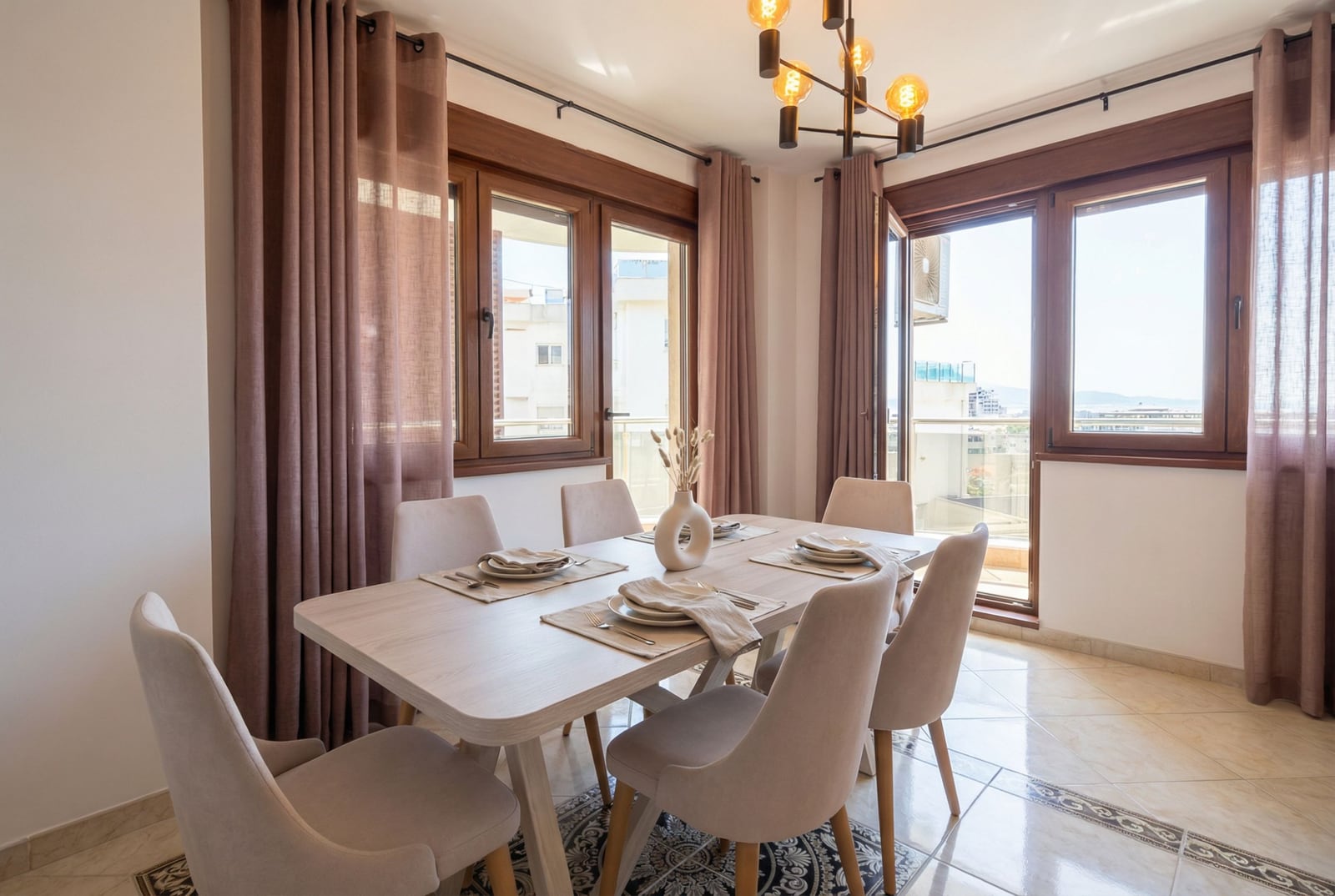 Bright dining area in a Bečići apartment, Montenegro: wooden table, upholstered chairs, and panoramic windows with a balcony.
