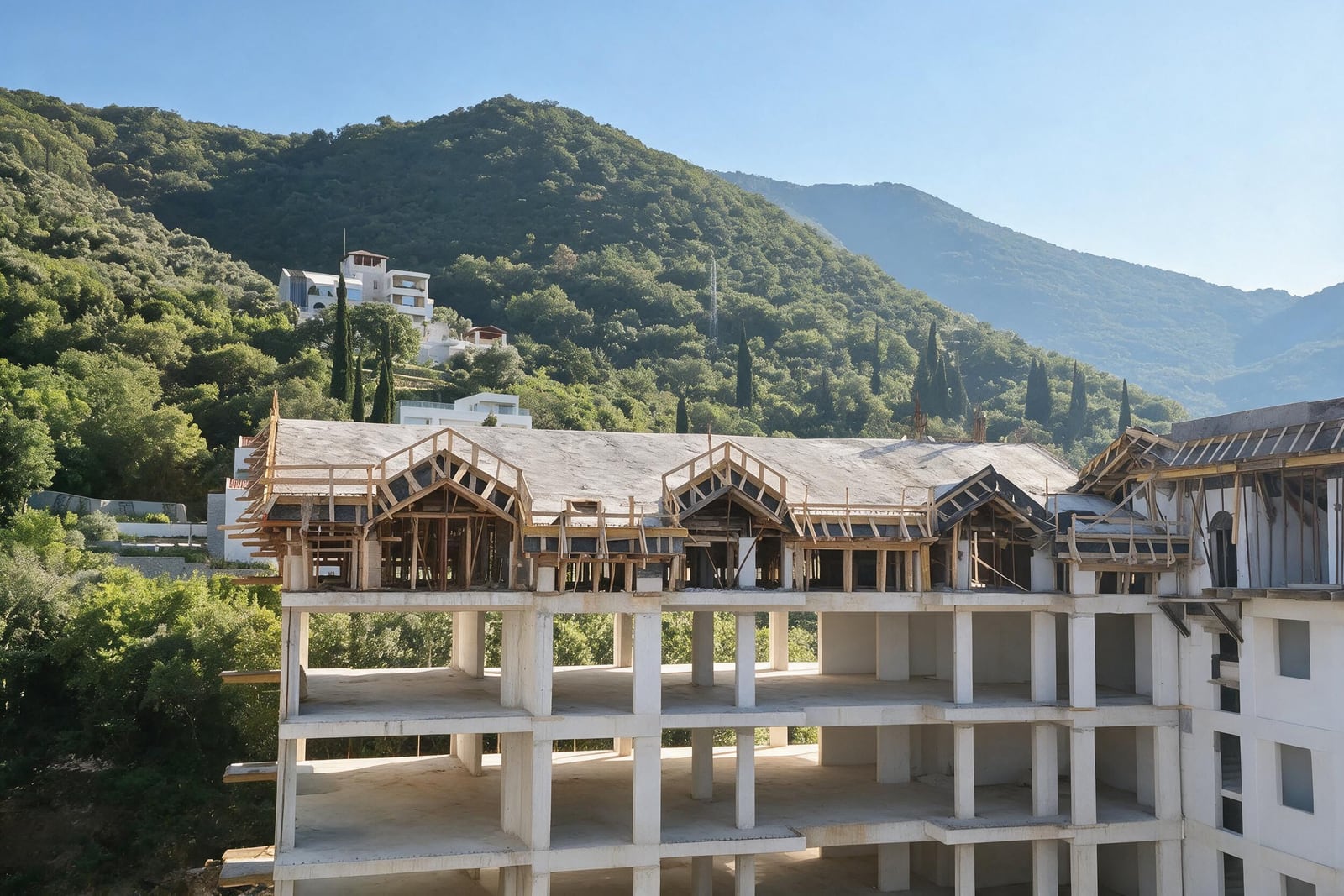 Unfinished multi-story building under construction with wooden roof framing against a backdrop of green mountains.